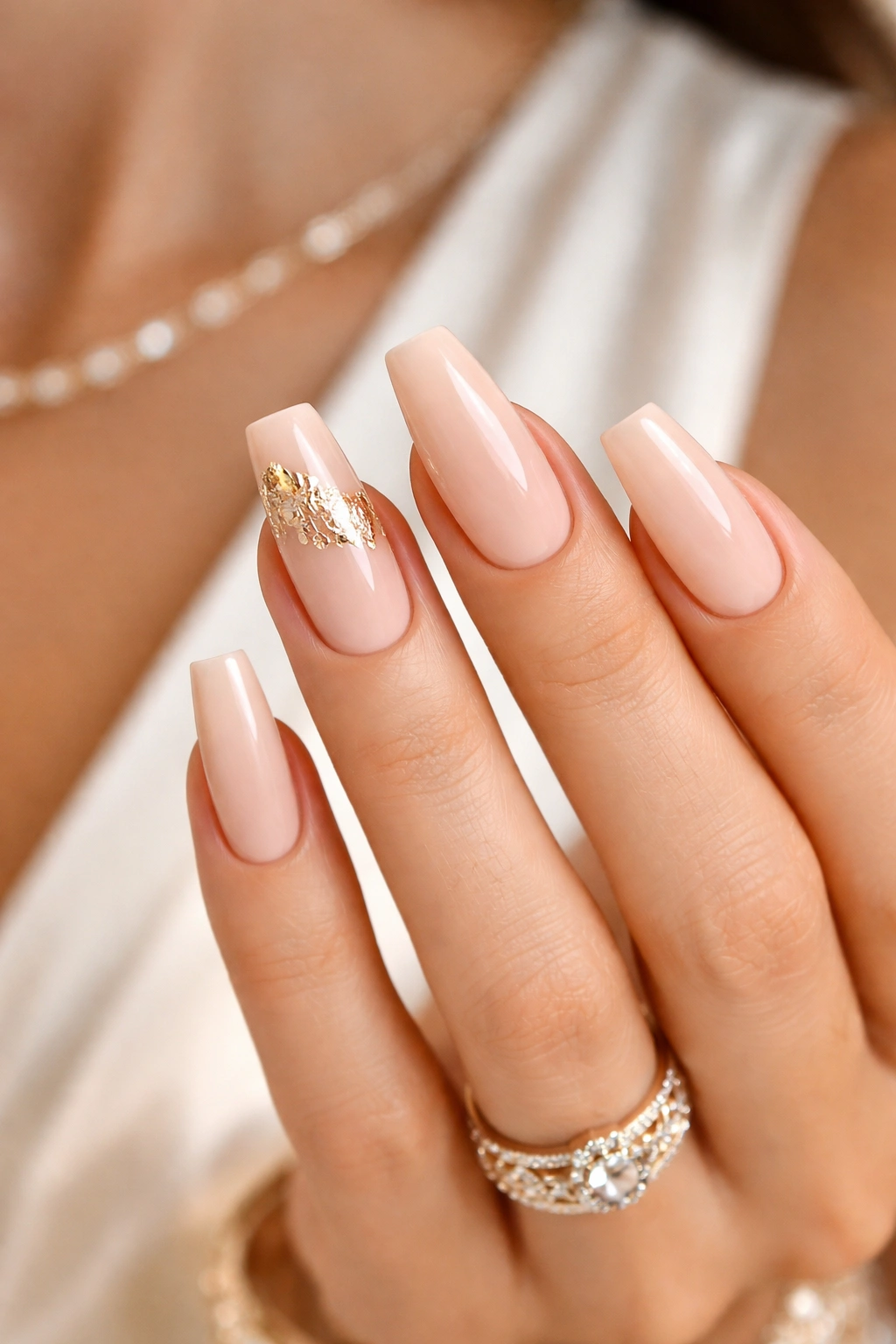 Close-up of birthday nails with nude base and gold foil accent on ring finger