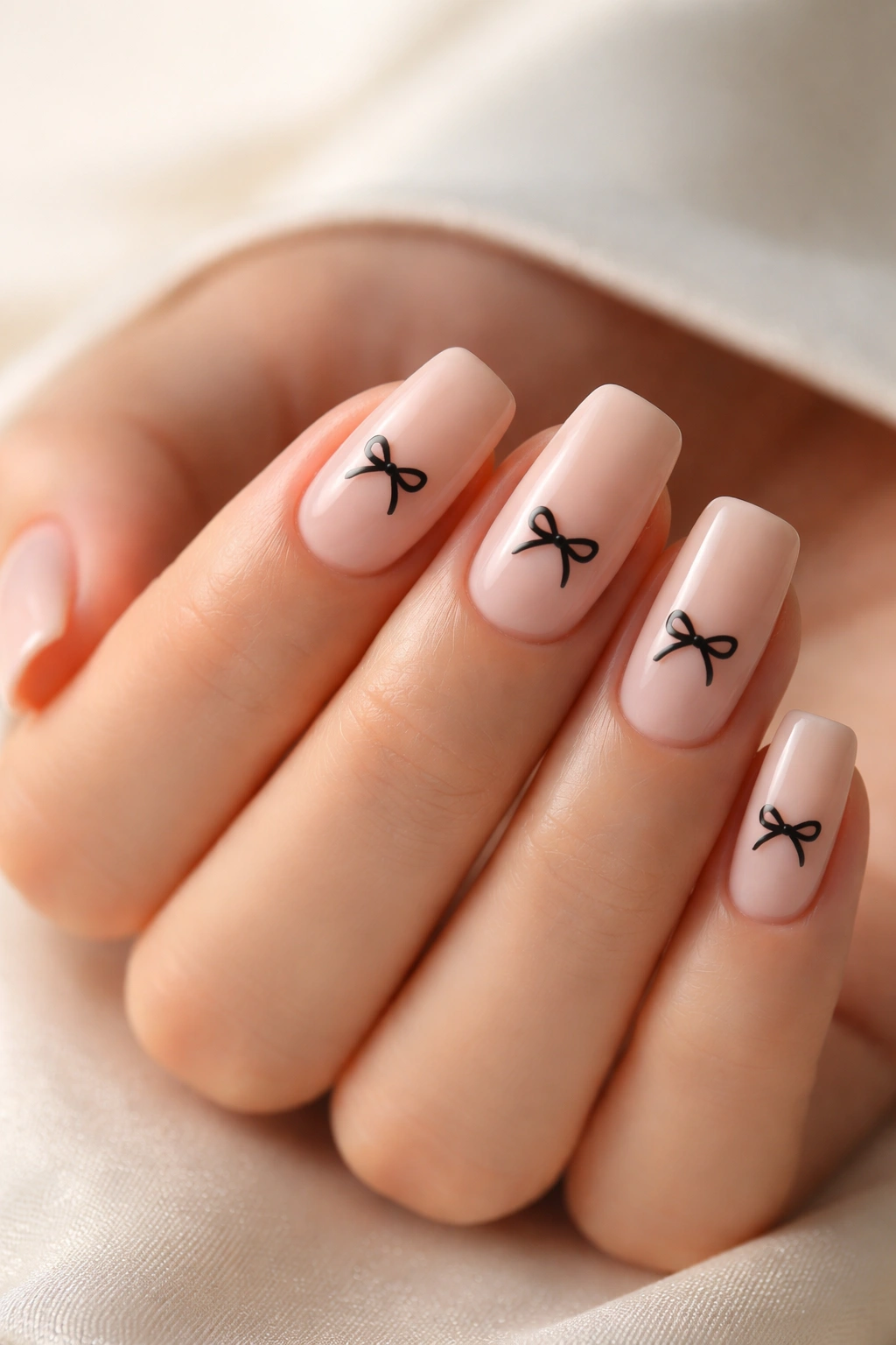 Close-up of a blush nude nail with a small black bow accent on a short coffin nail