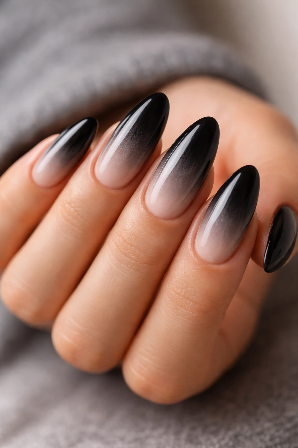 Almond nails black to charcoal gradient with glossy finish