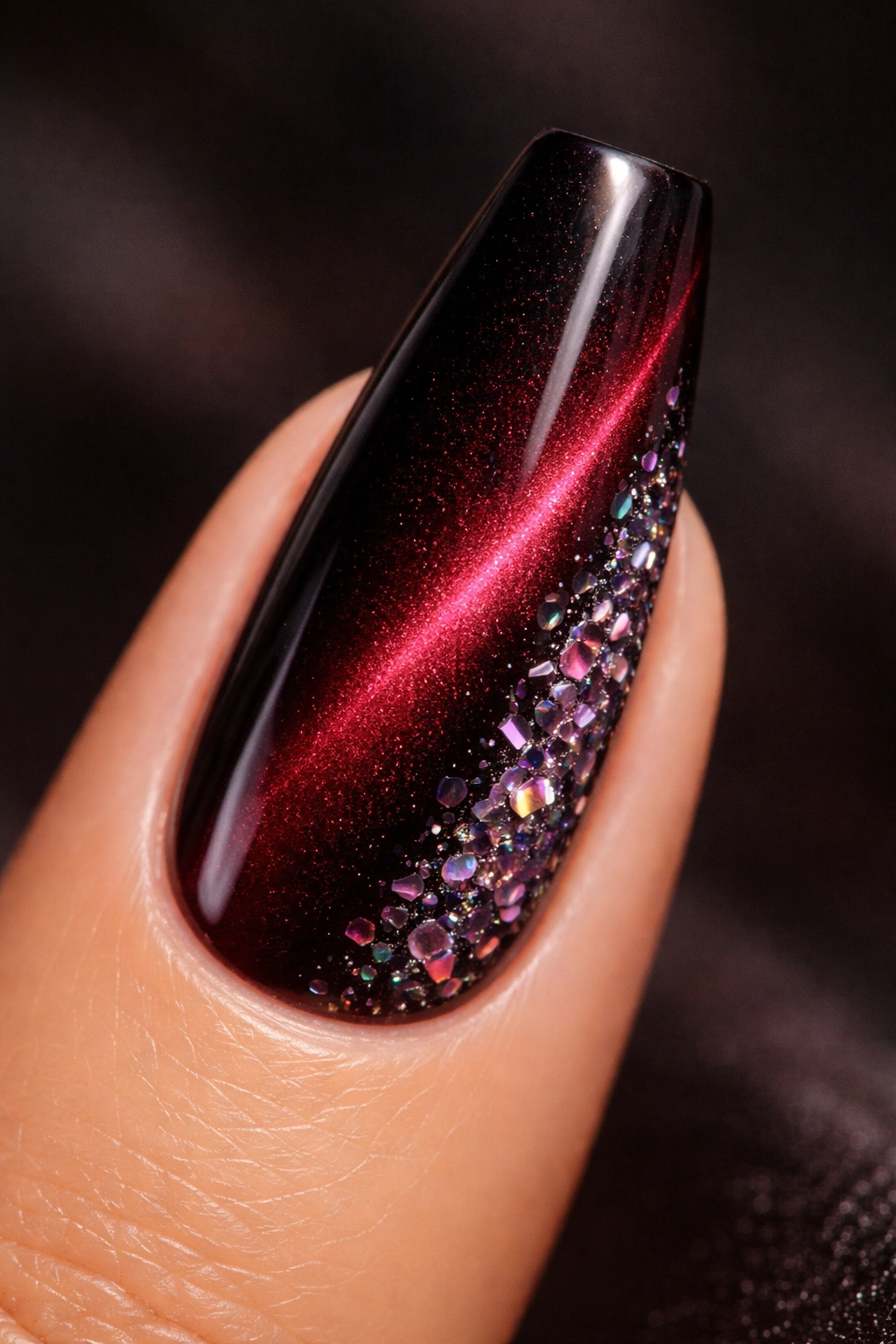 Black cherry cat eye nail with crushed glass accent