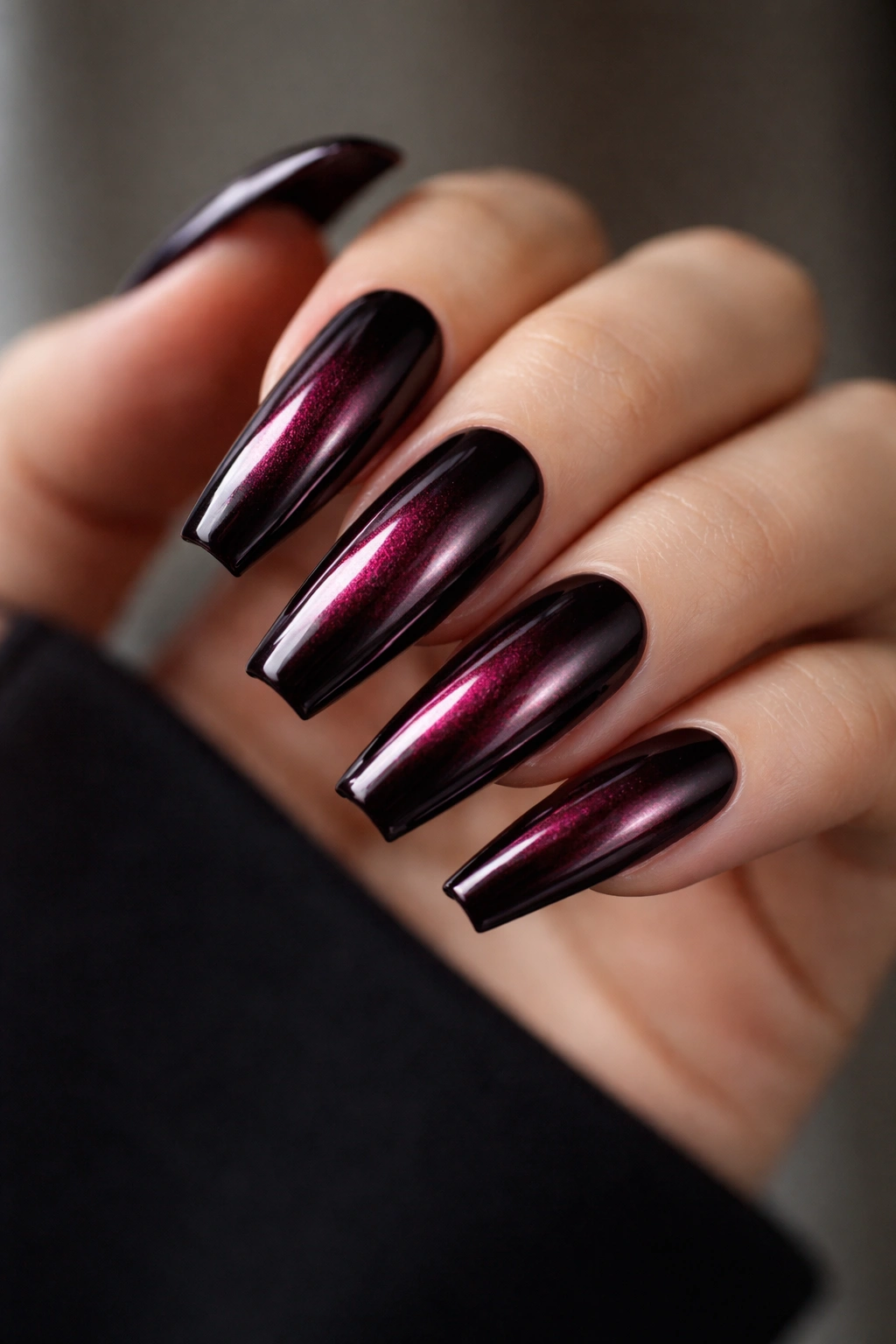 Close-up of long coffin nails with black cherry base and chrome shimmer