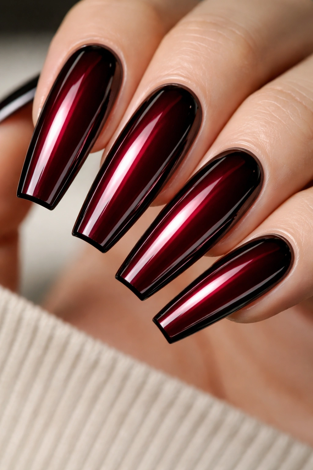 Close-up of black cherry chrome coffin nails with ink-black sidewalls