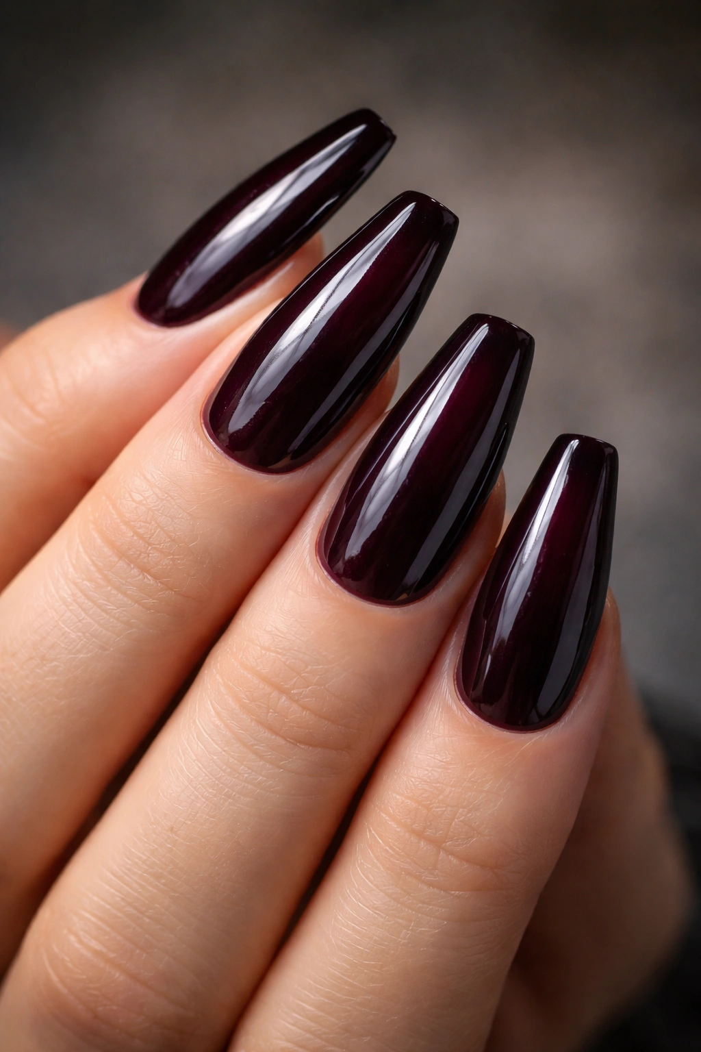 Coffin nails in black cherry plum with glossy glassy finish