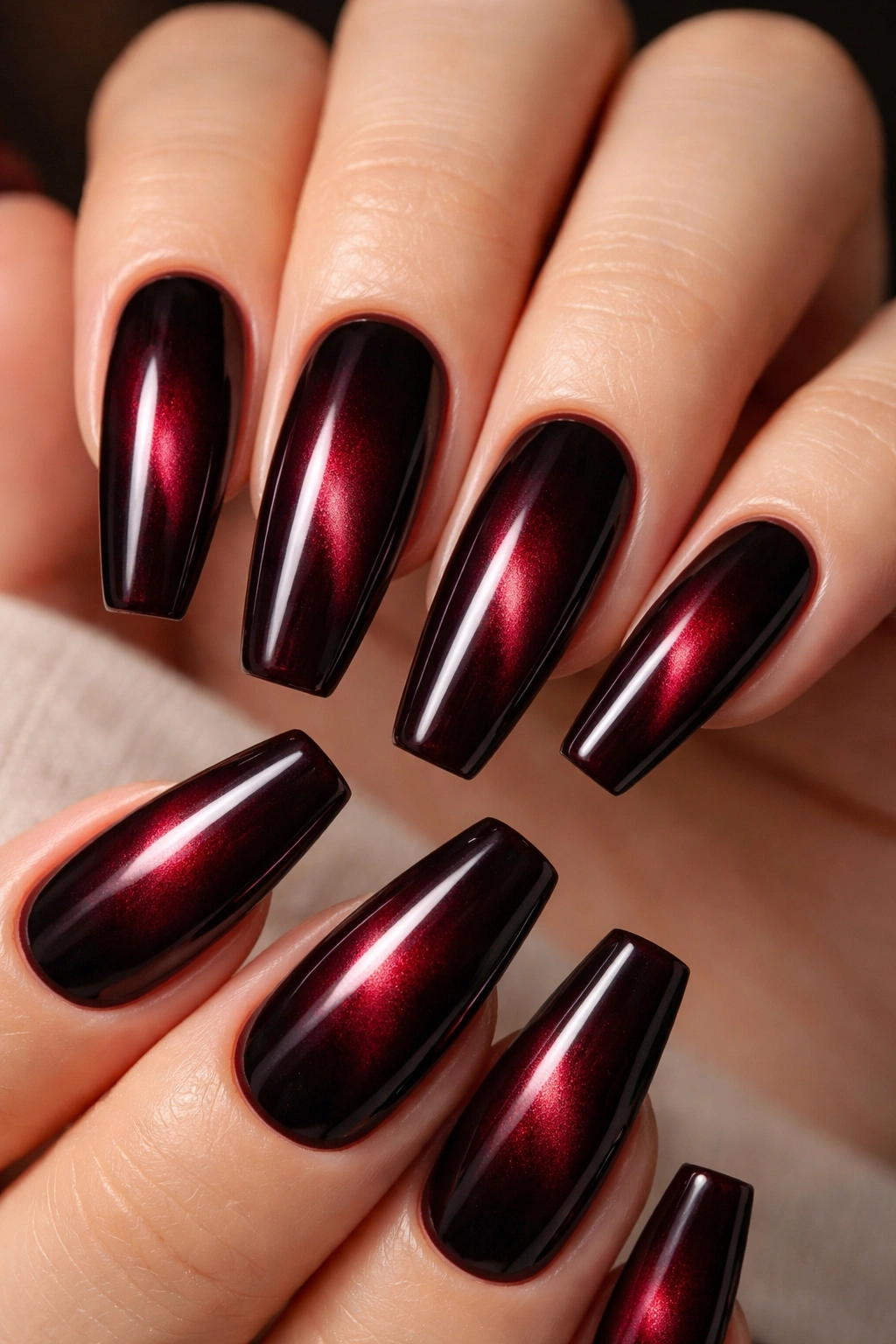 Medium-long coffin nails with black cherry velvet shine