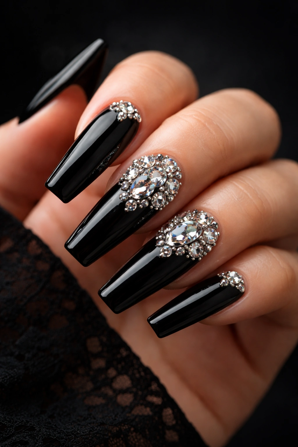 Black coffin nails with oversized gem clusters