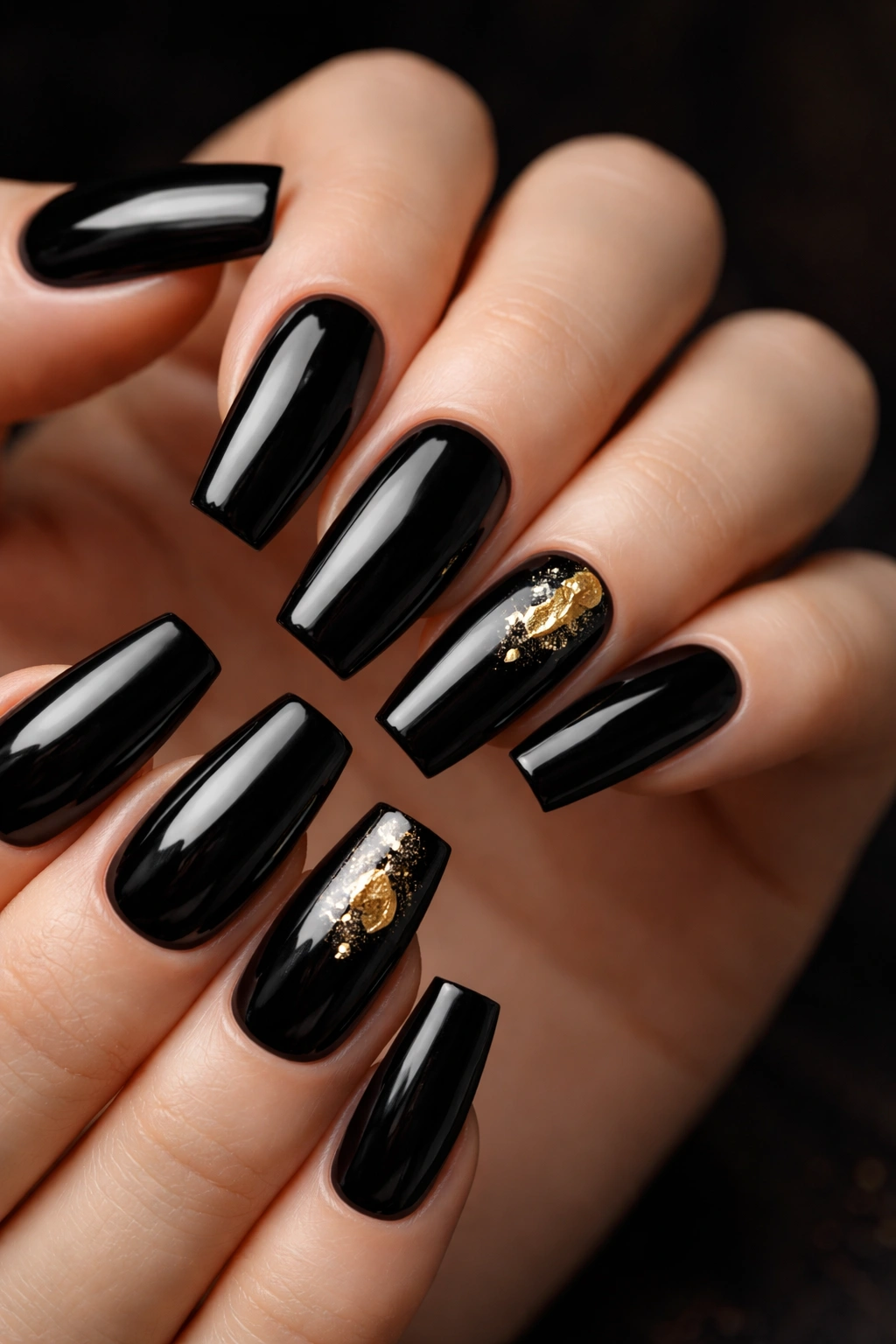 Close-up of black coffin nails with a single gold foil accent