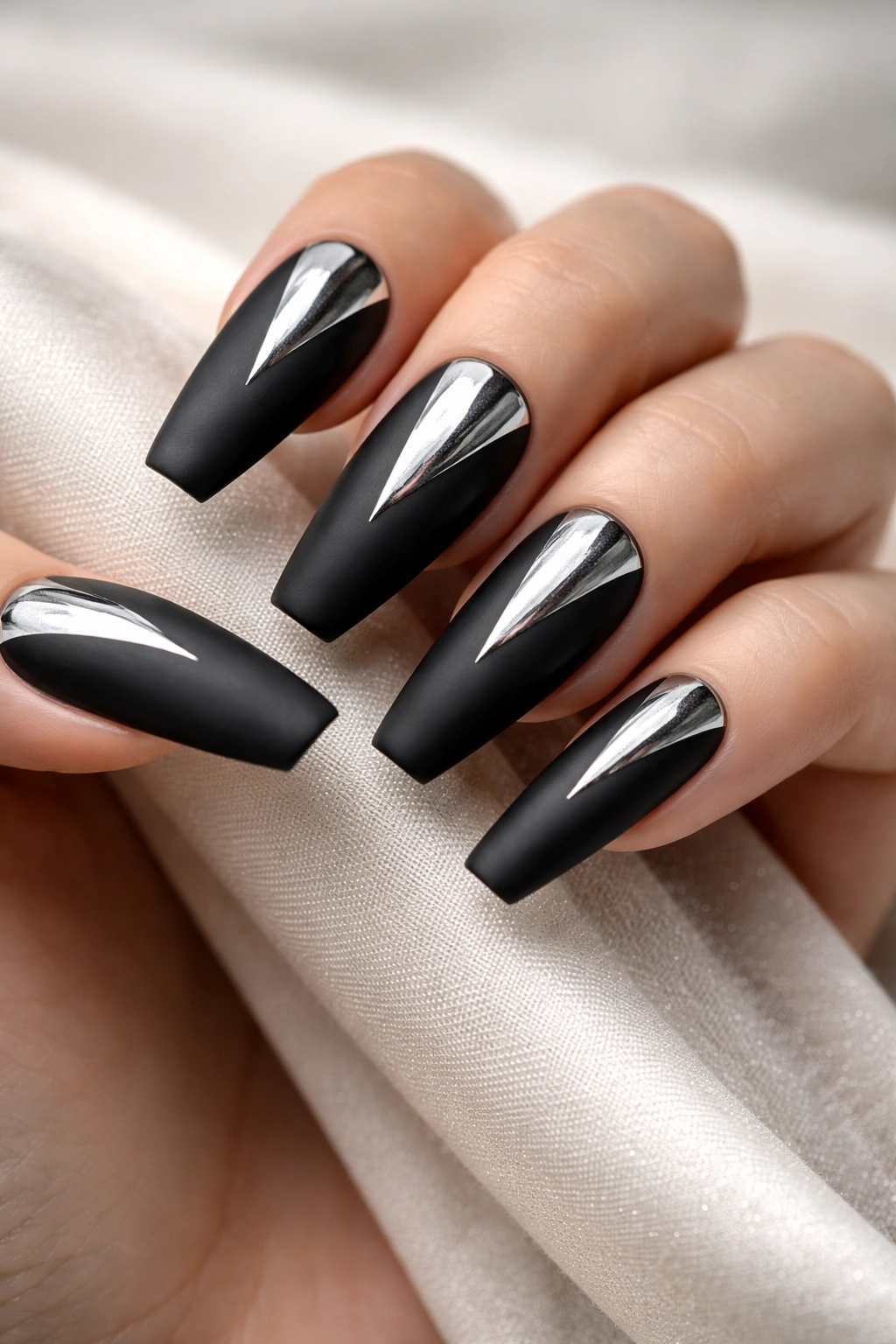 Close-up of coffin nails in matte black with silver accents, strong contrast