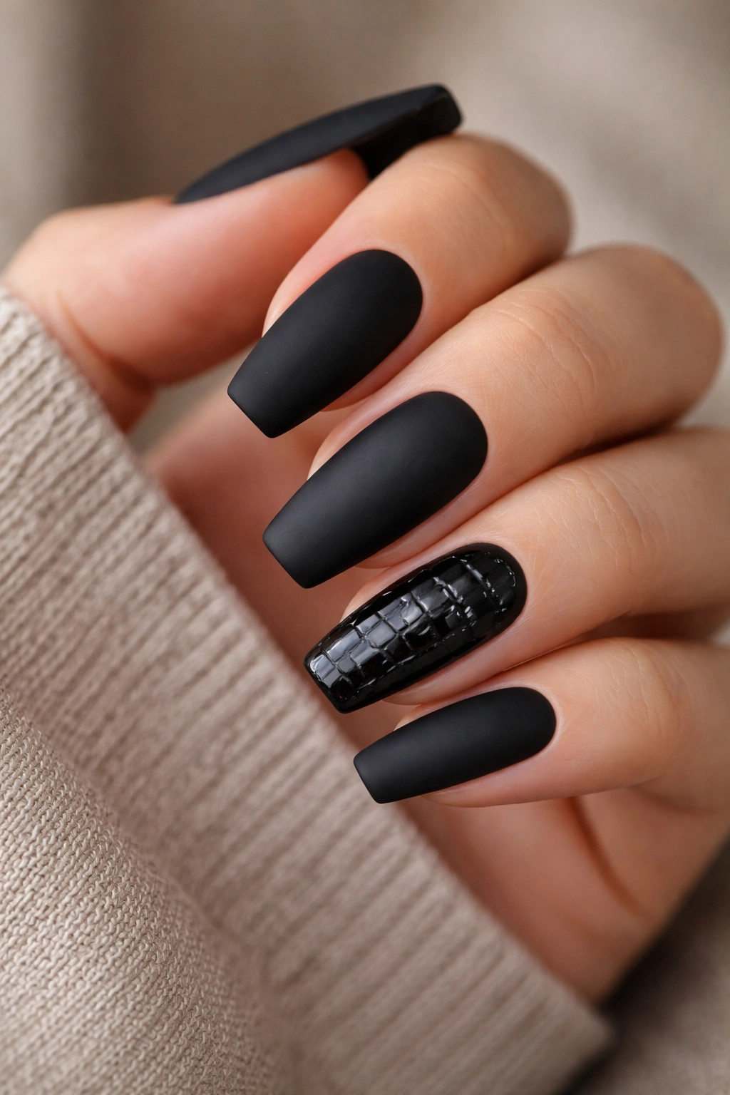 Black croc-print coffin nails with one textured accent close-up