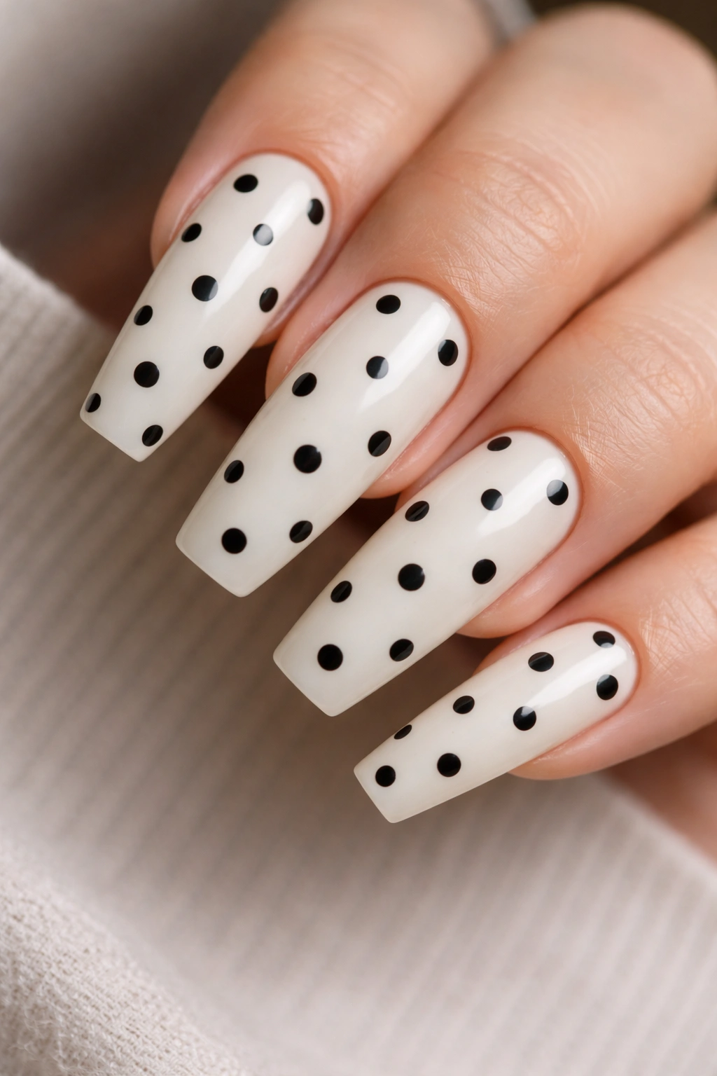 Nails with black polka dots on a milky white base