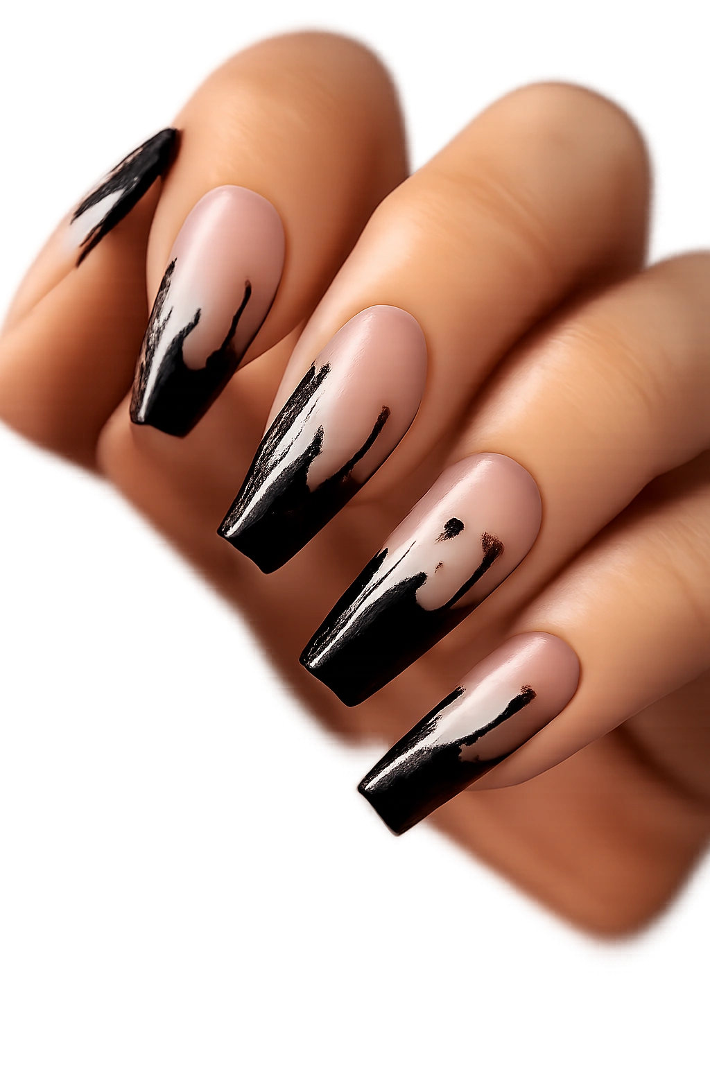 Close-up of black drip nails over translucent base on coffin nails