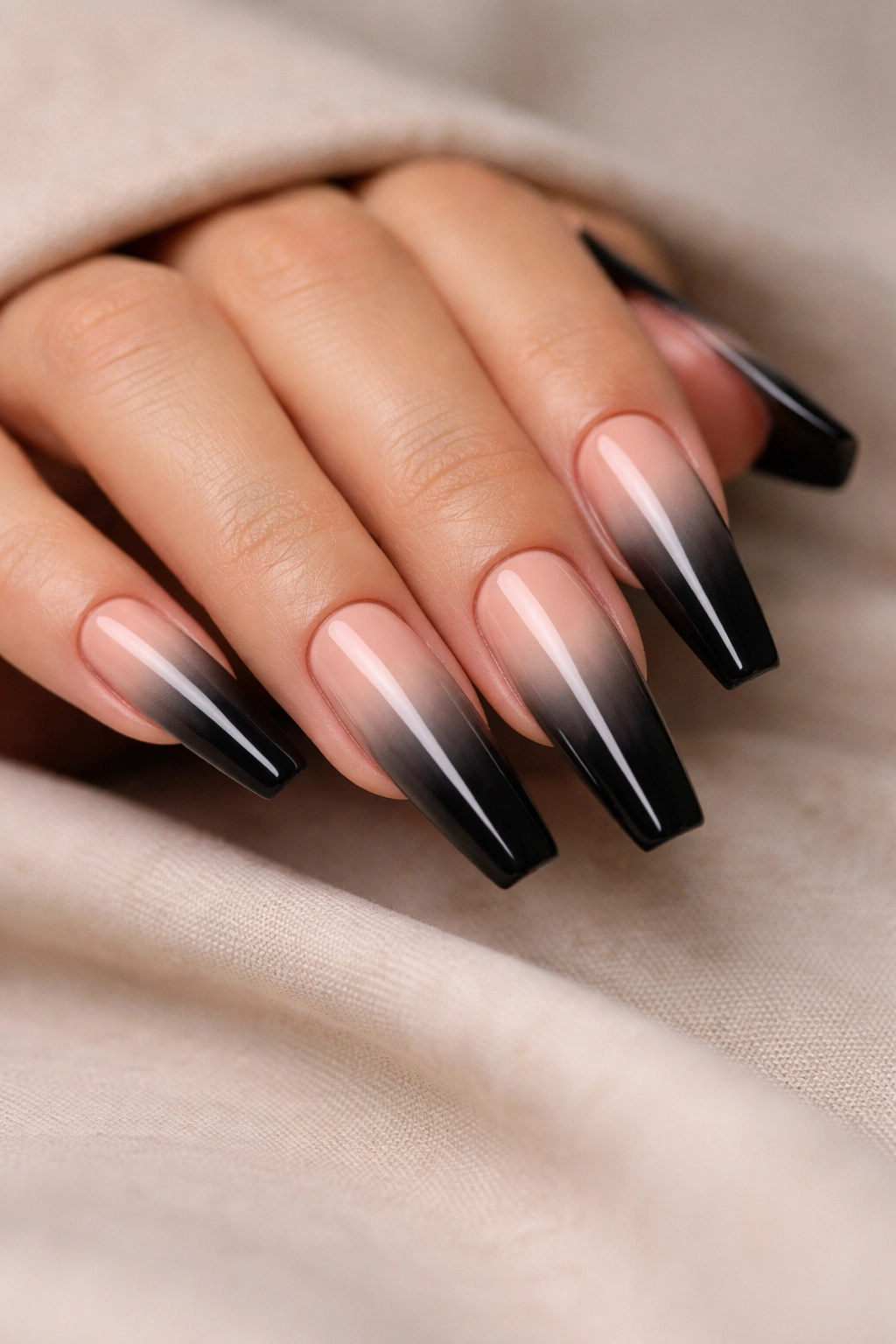 Black French fade coffin nails on long coffin shape with soft gradient