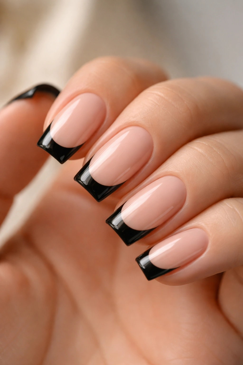Close-up of a short coffin nail with a thin black French tip and bare nail space