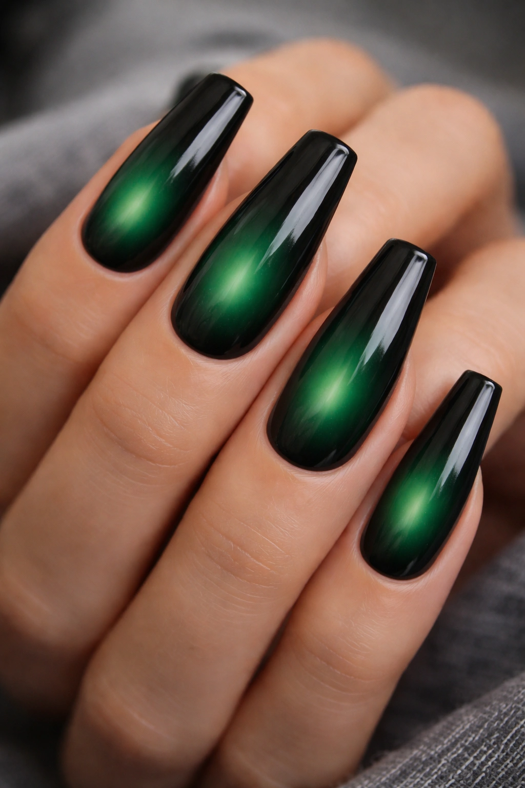 Black to green aura gradient nails on coffin shape with glossy finish