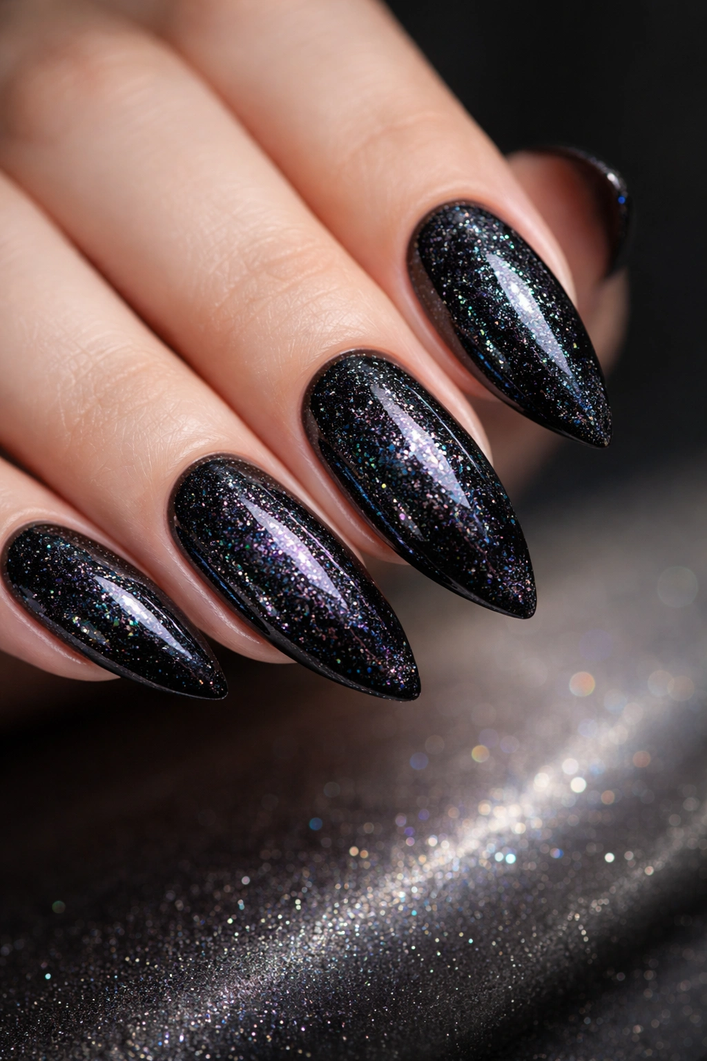 Almond nail with black base and holo dust veil