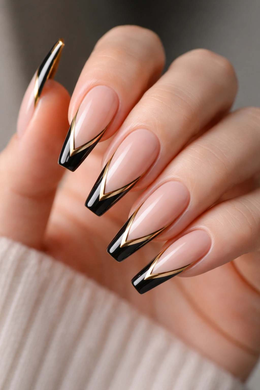 Black and gold French tip coffin nails with sharp V cut