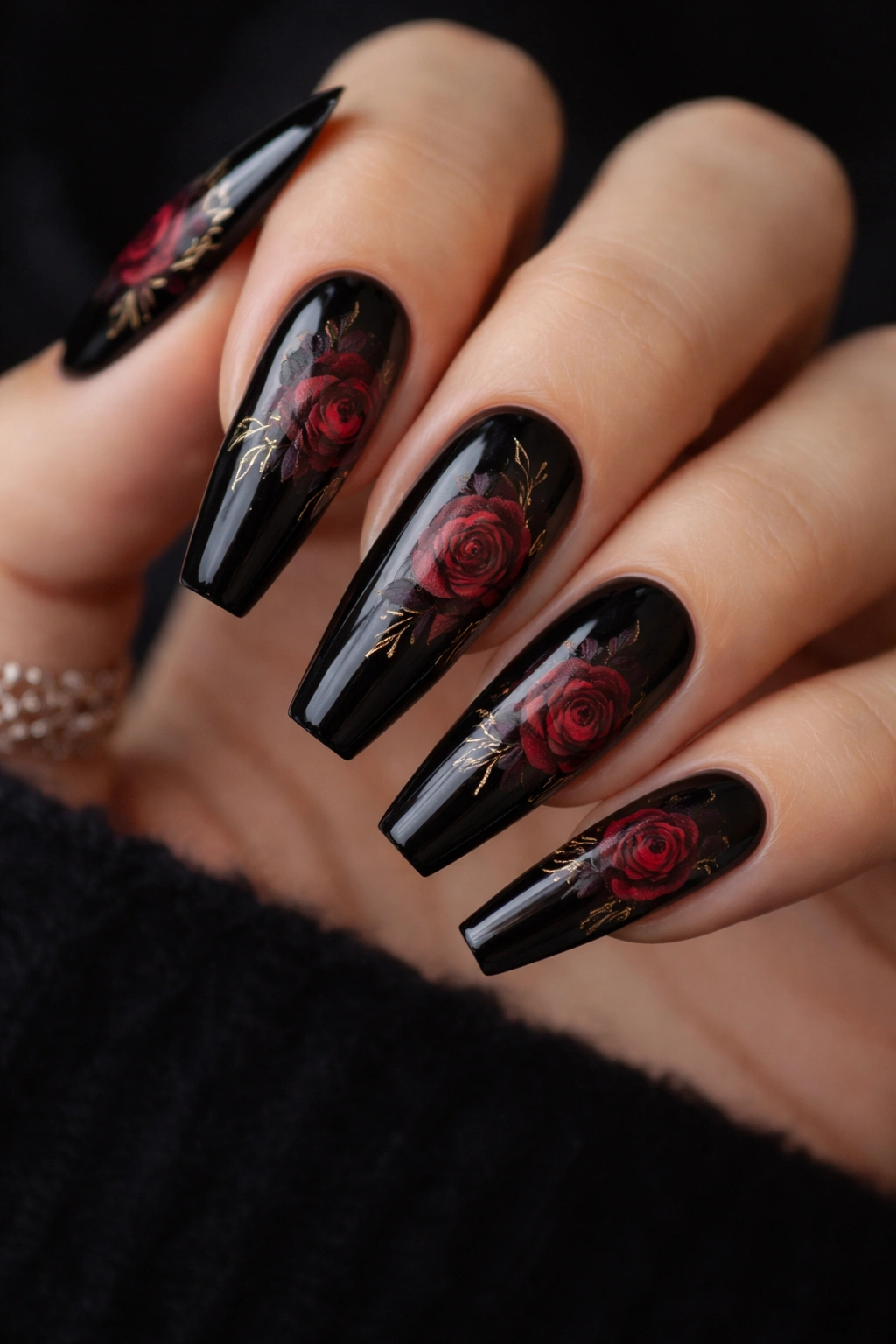 Close-up of black coffin nails with painterly deep red botanical painting.