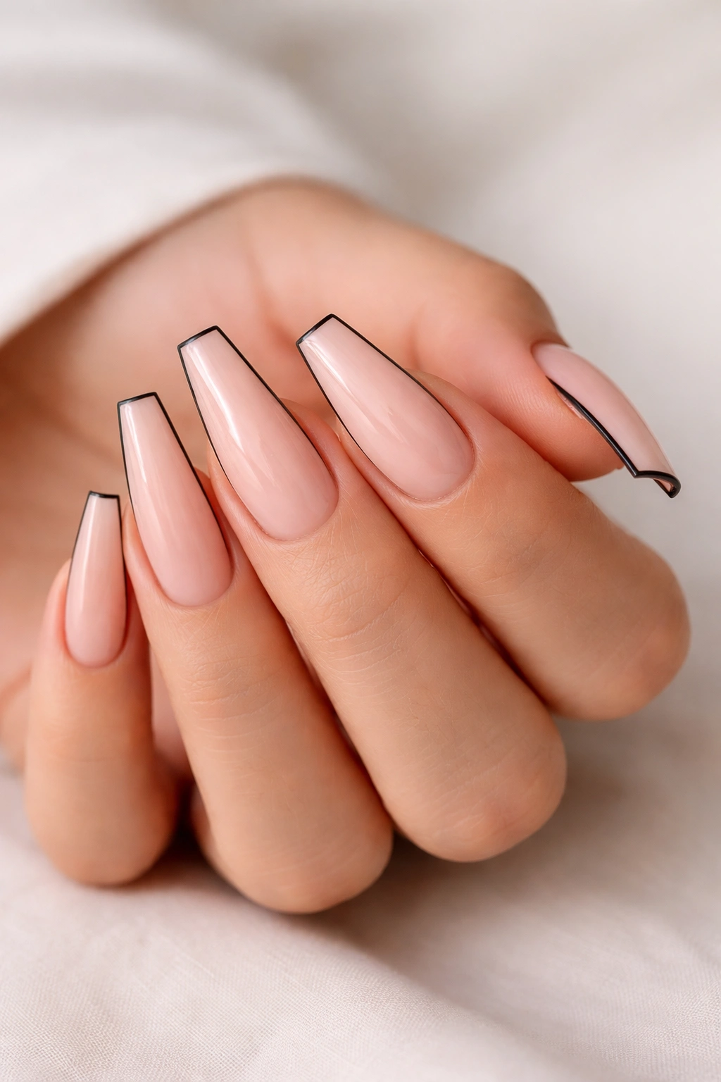 Coffin nails with ultra-thin black outline on a nude base.