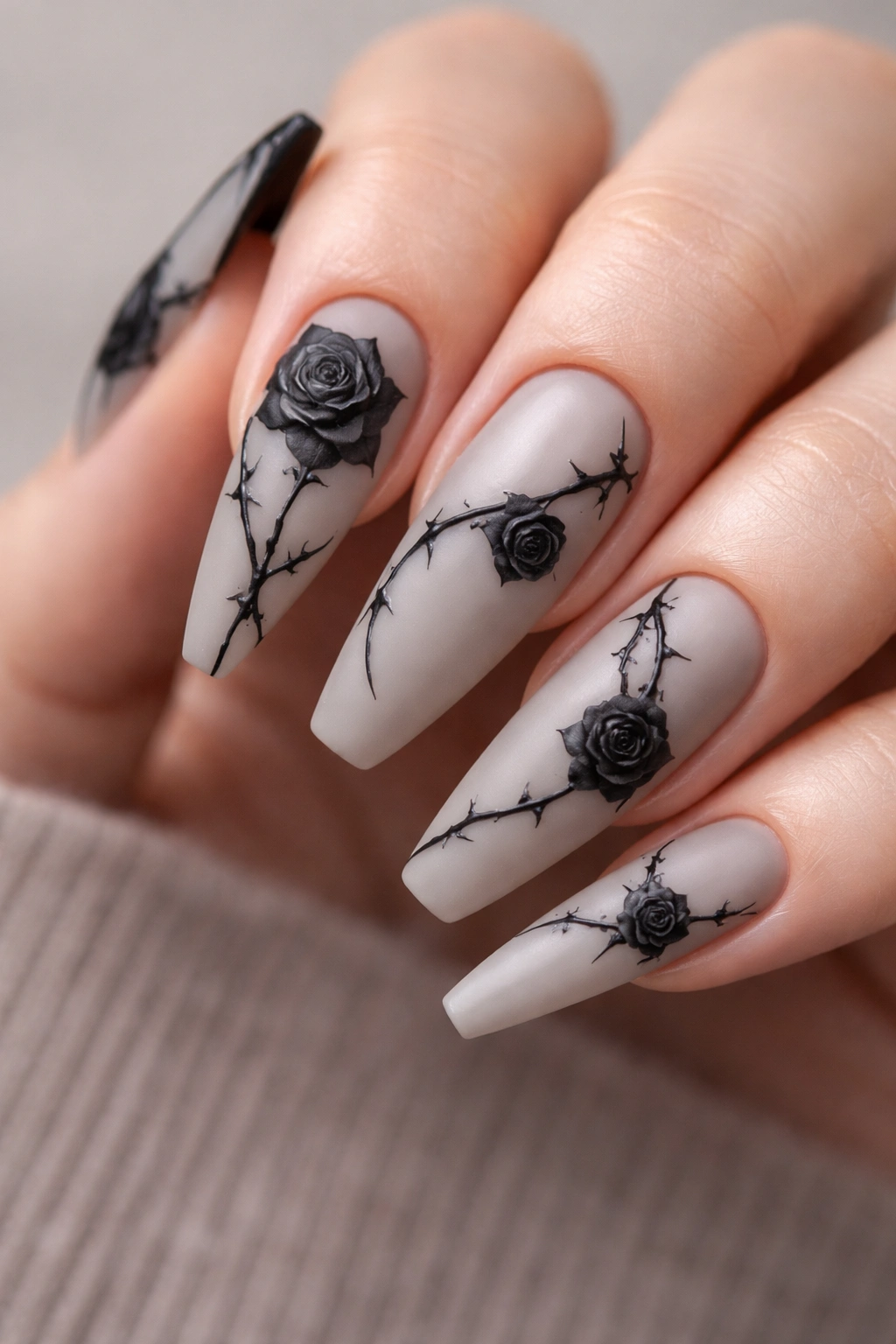 Close-up of black roses and thorn vine nails on coffin shape