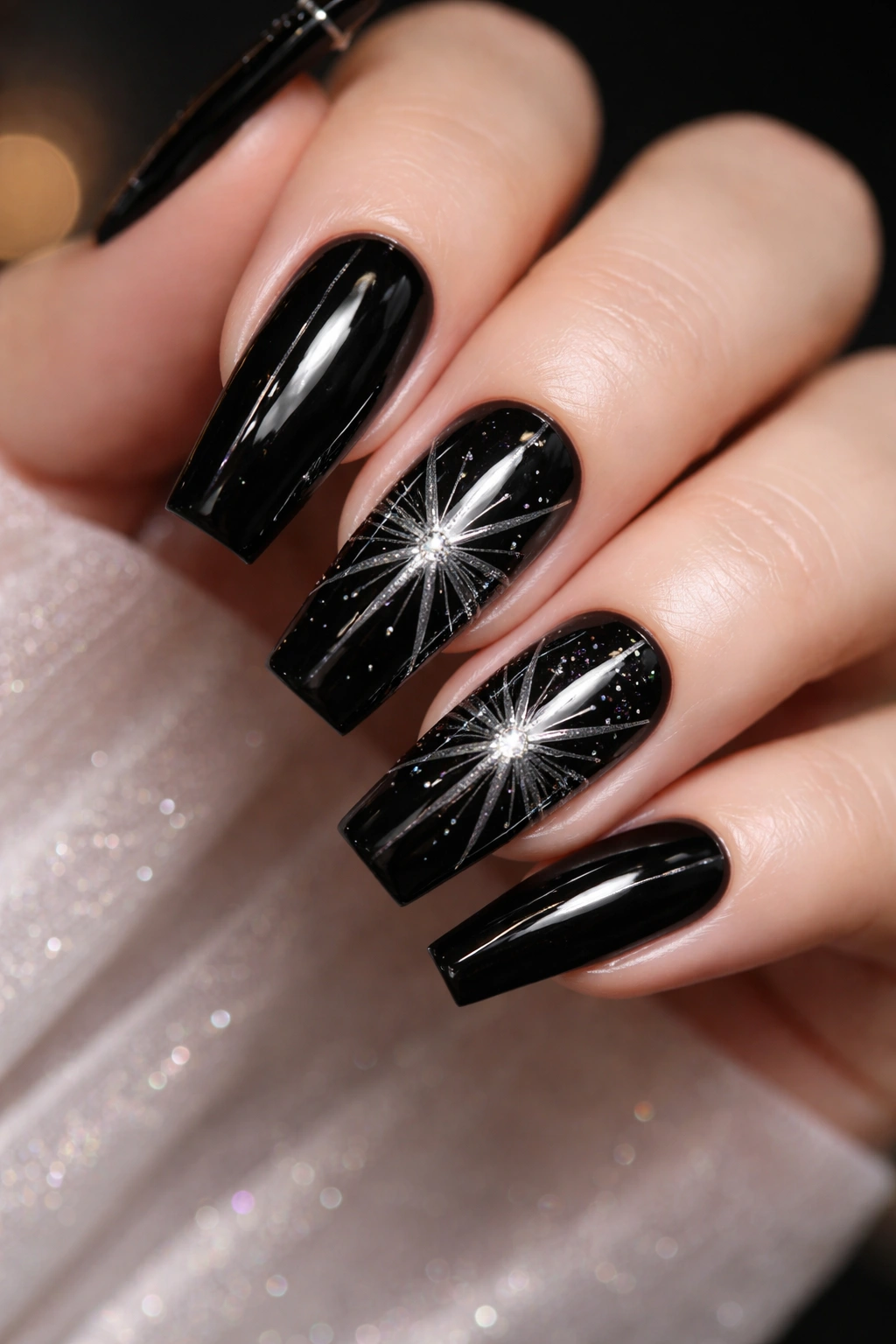 Close-up of black coffin nails with silver starburst lines