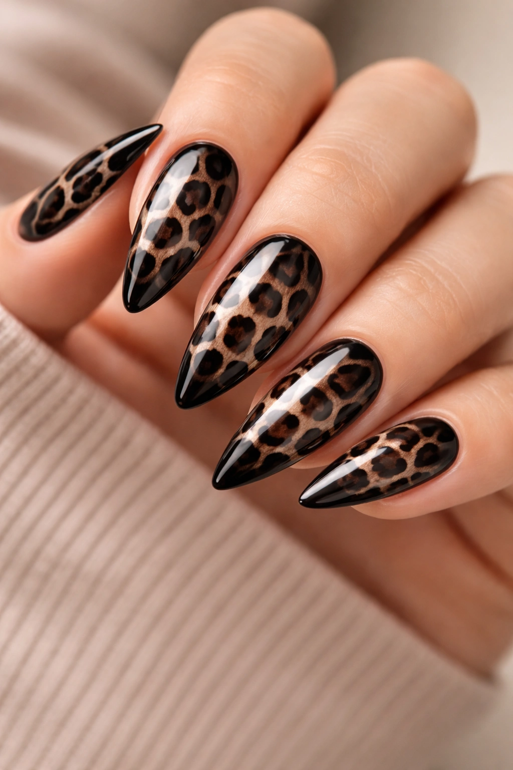 Almond nails with black base and tan leopard spots, high-gloss finish