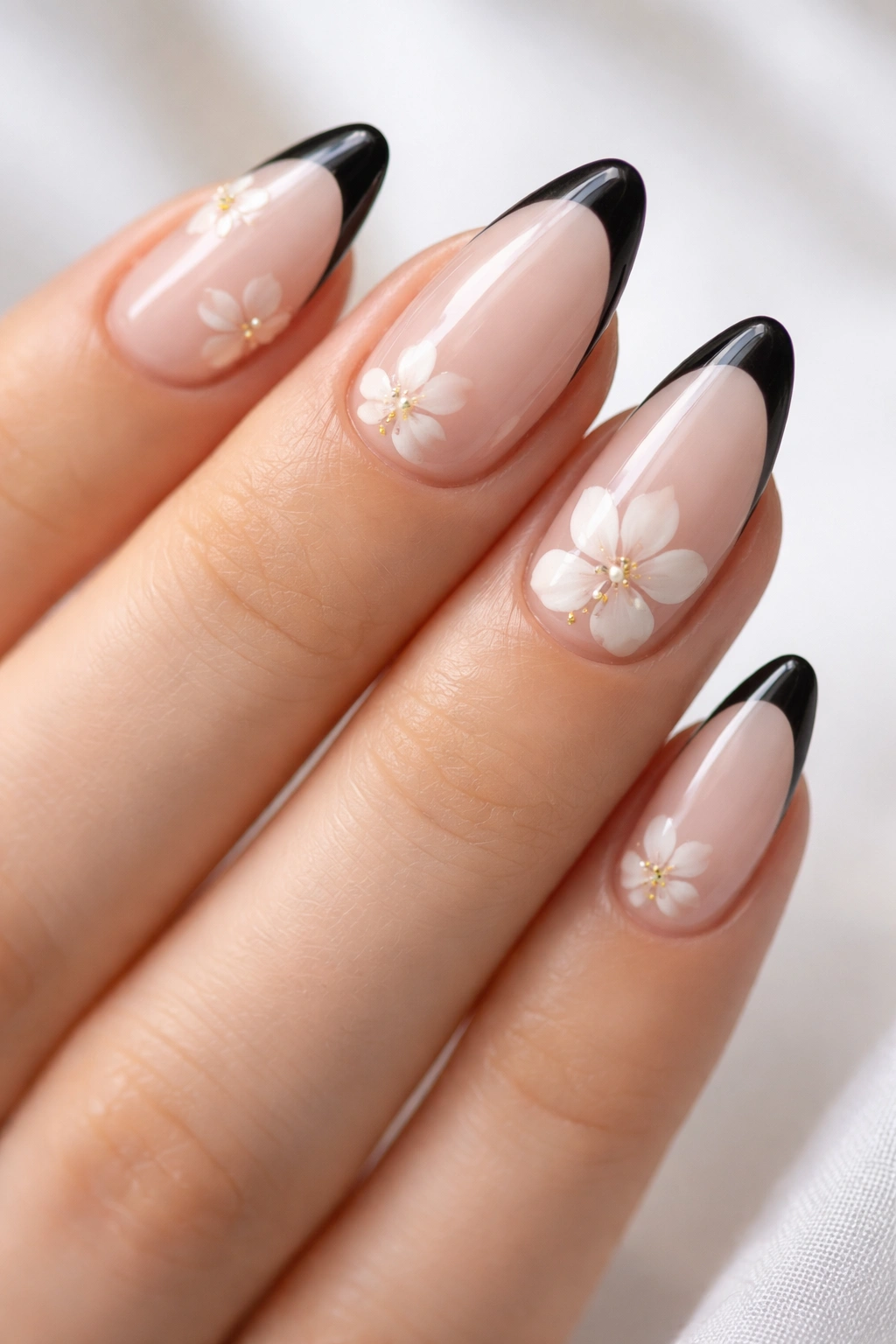 Macro view of black-tipped almond nails with pale petals