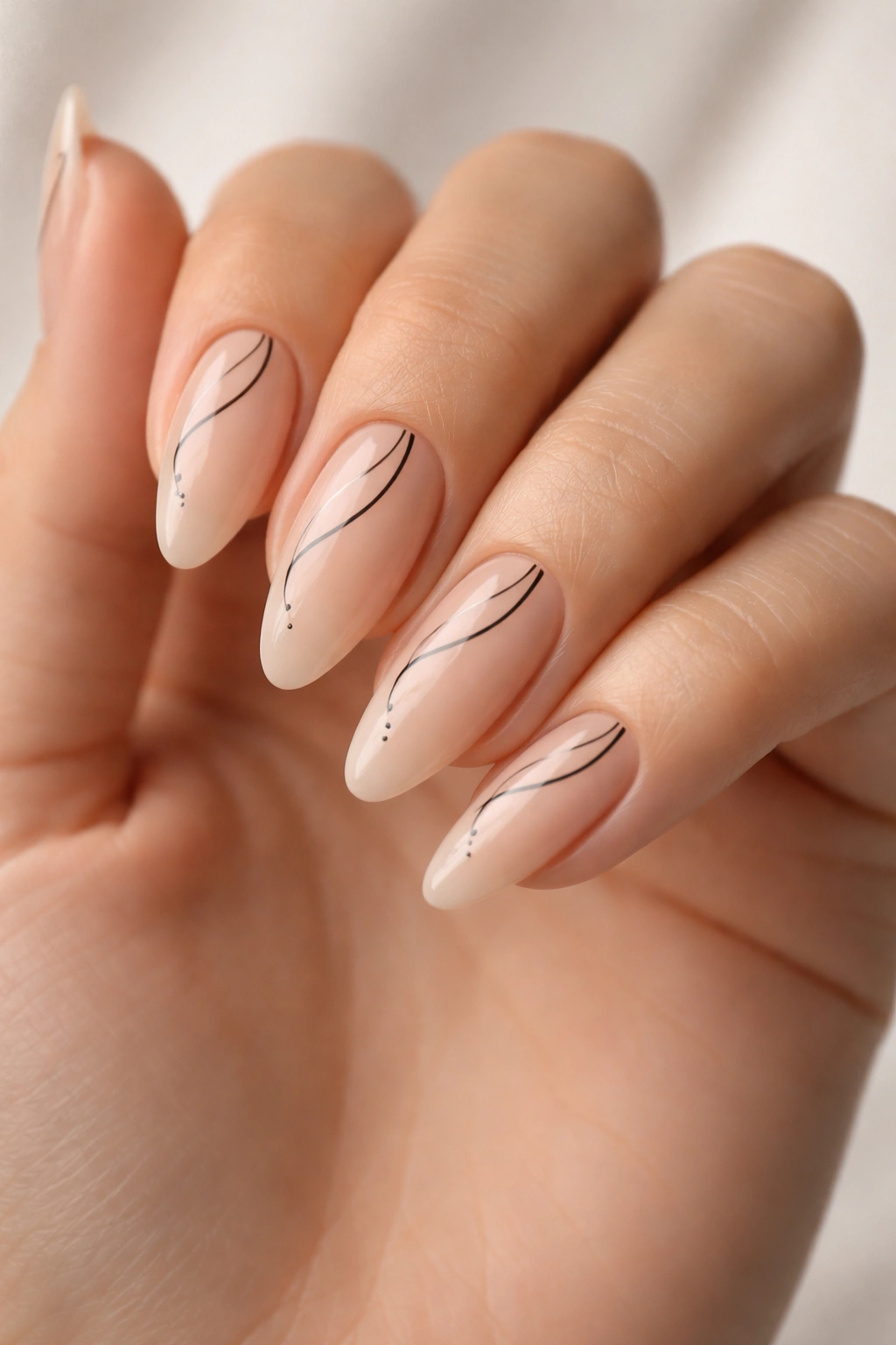 Nude almond nails with black line art design