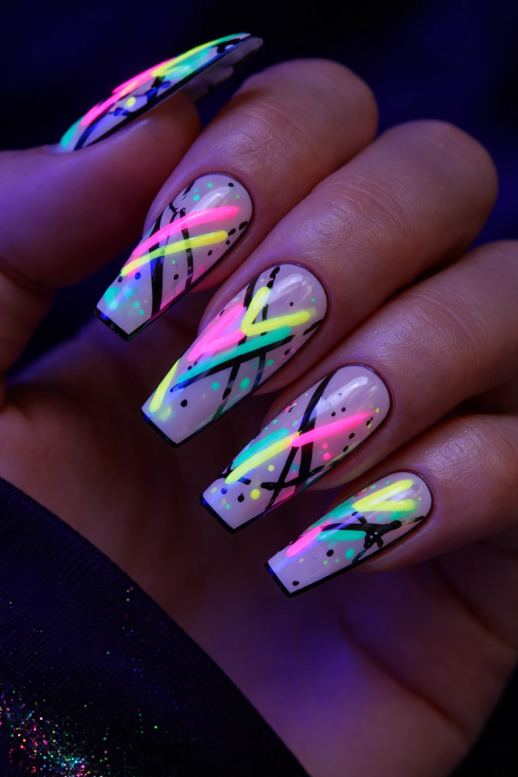 Coffin nails with neon graffiti lines under blacklight