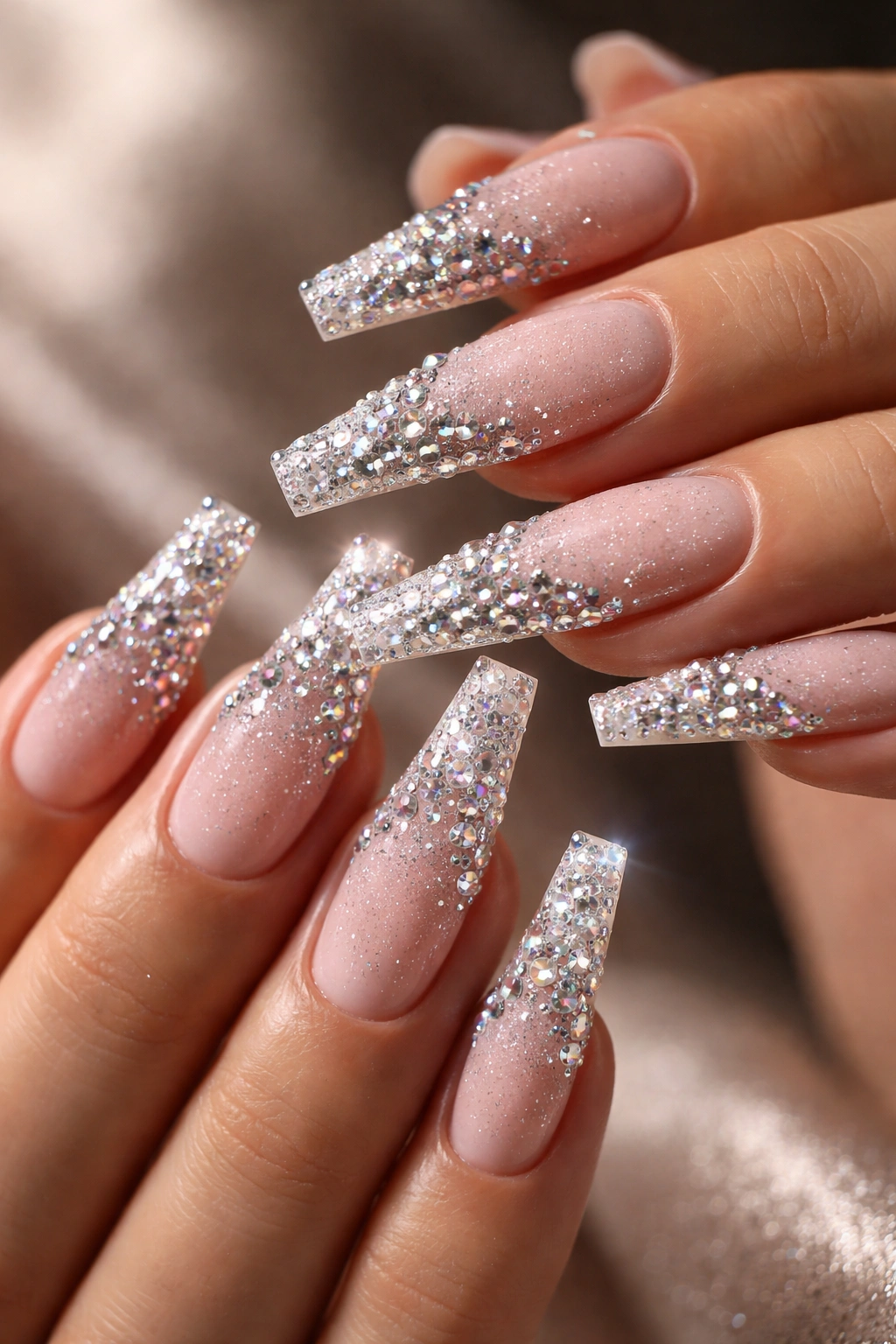 Close-up of bling coffin nails with crystals on tapered shape