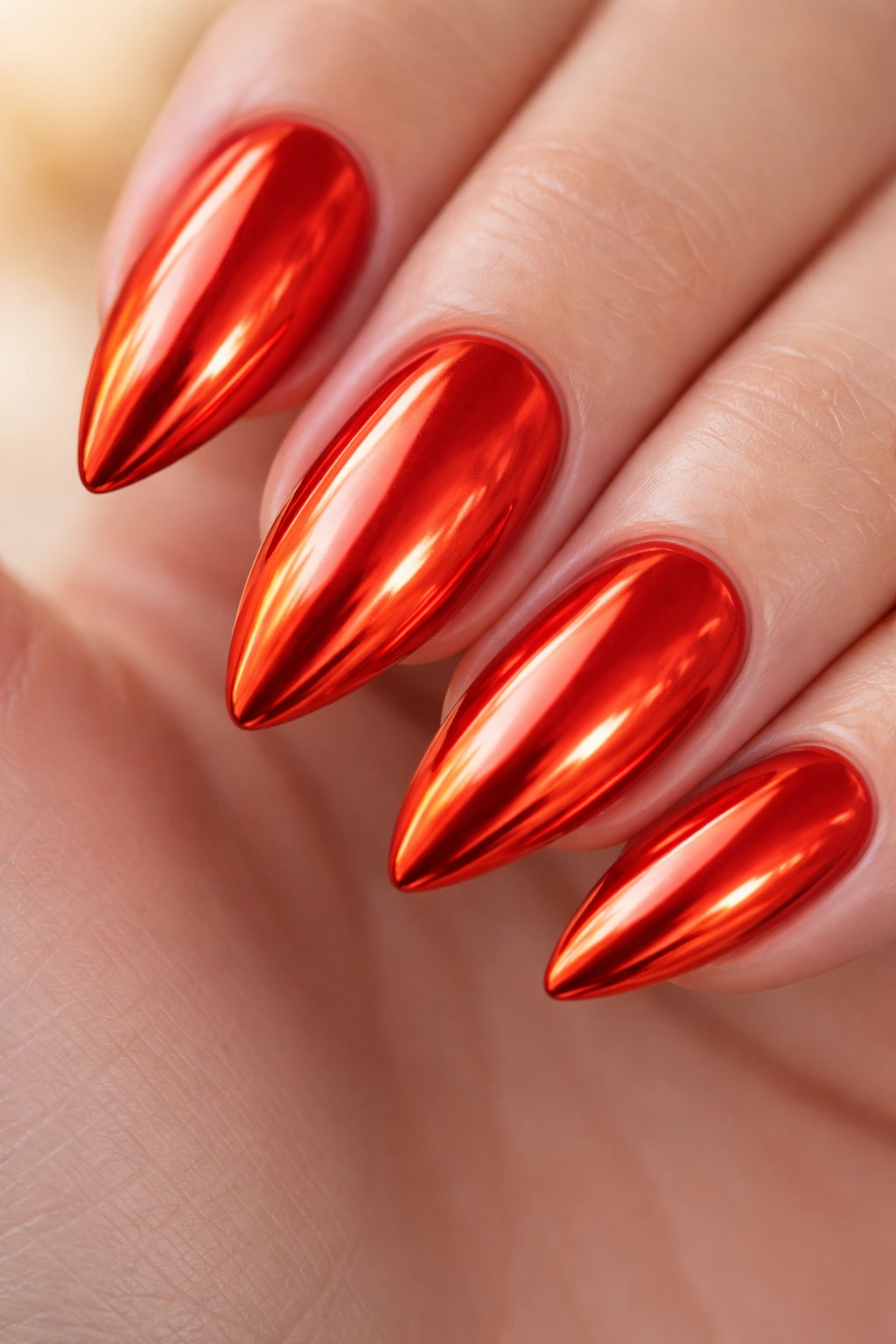 Close-up of an almond nail with blood orange red chrome finish