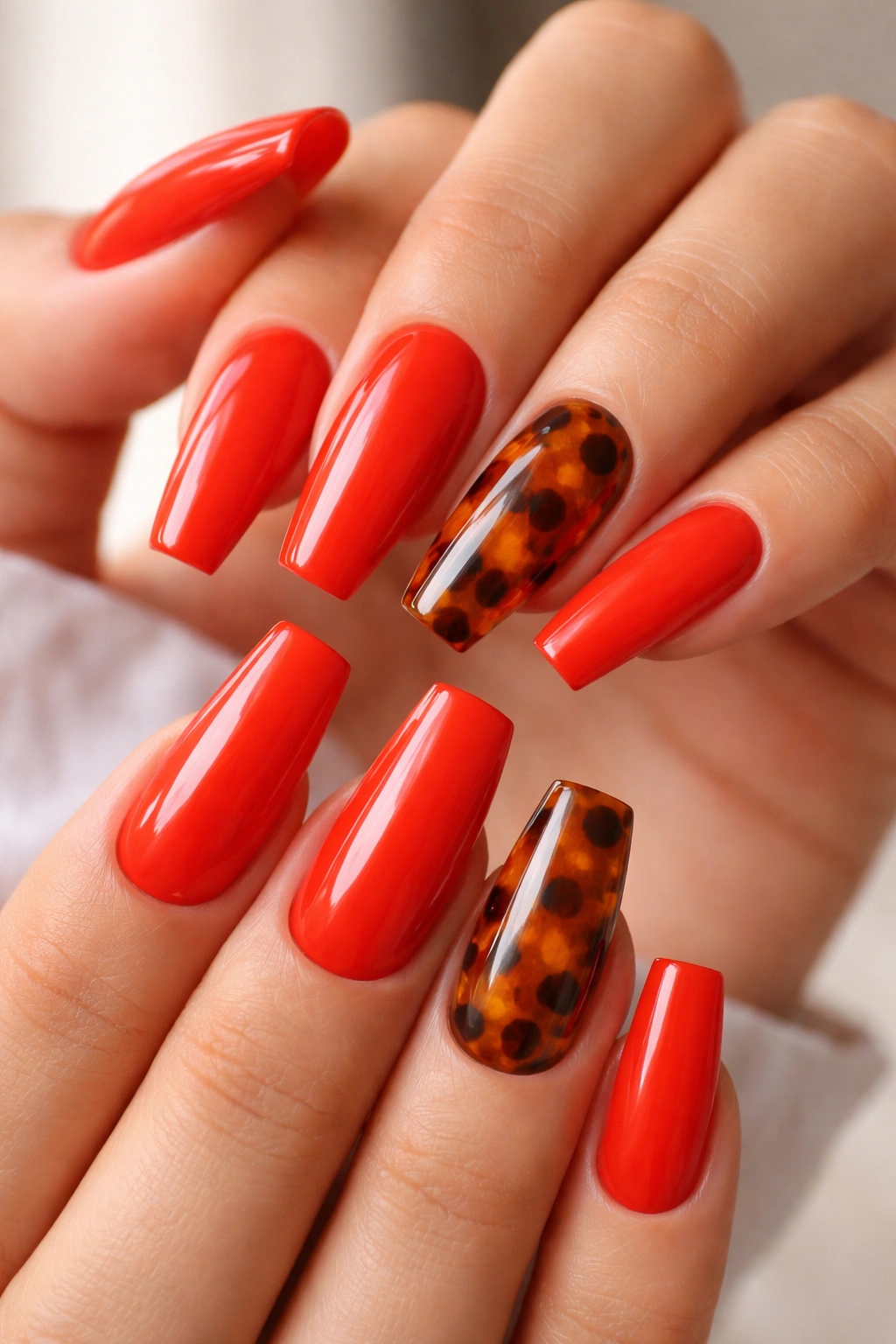 Blood orange nails with tortoiseshell accent on one finger