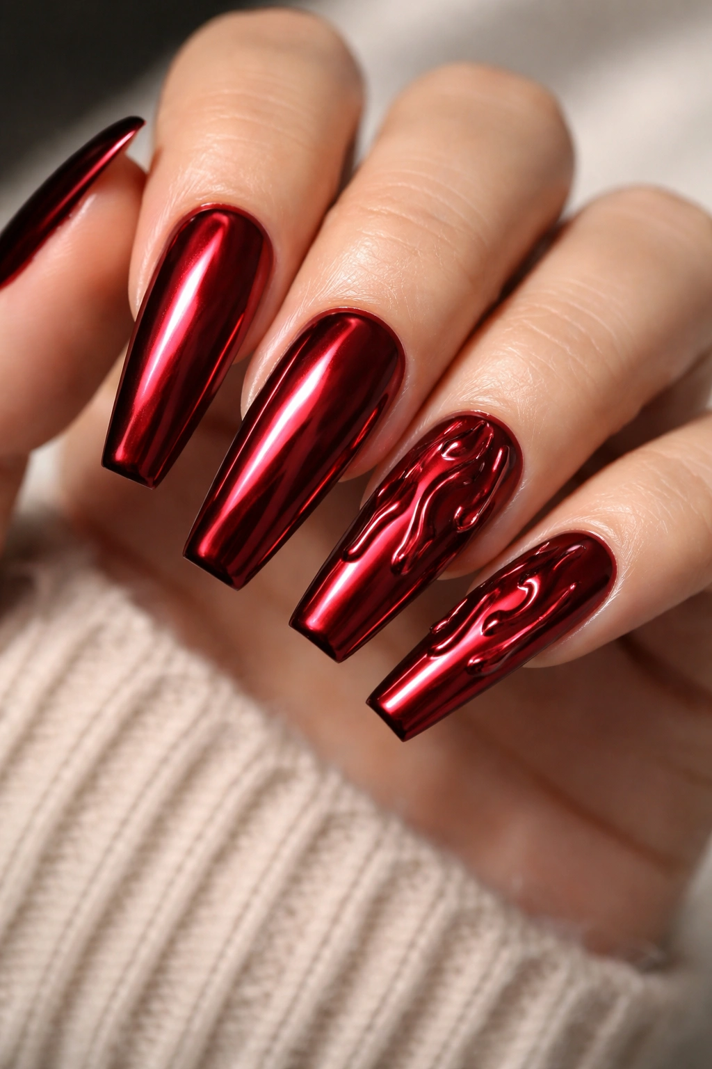 Close-up of blood red chrome coffin nails with 3D drip details