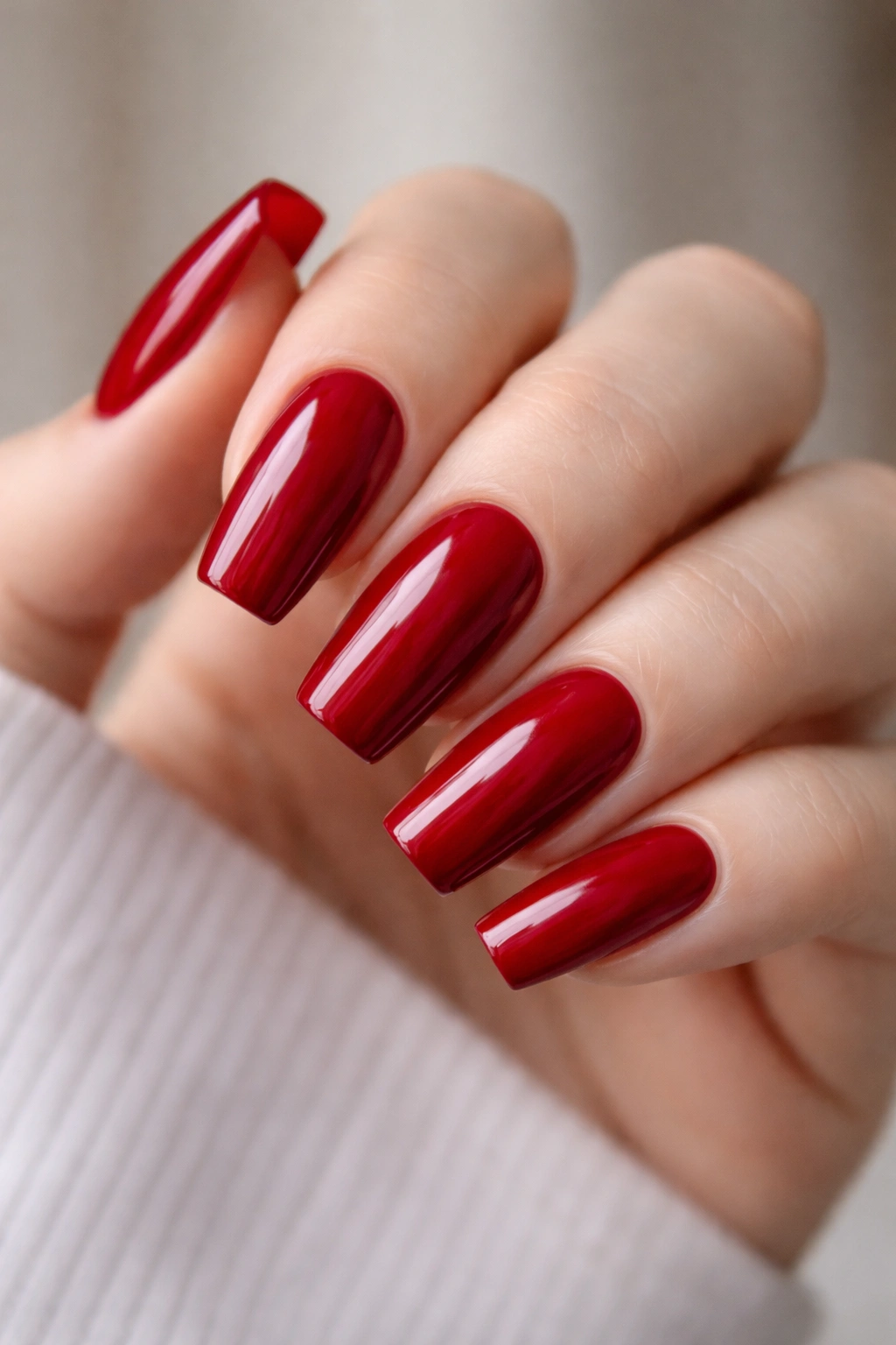 Close-up of blue-based cherry red coffin nails on a neutral background