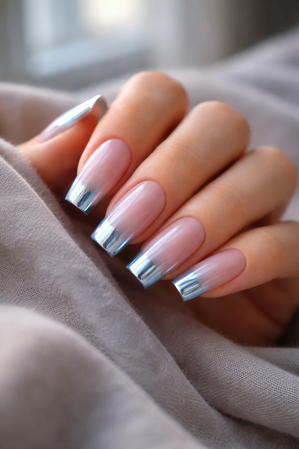 Close-up of medium-long coffin nails with icy blue chrome tips on a pale blue base.