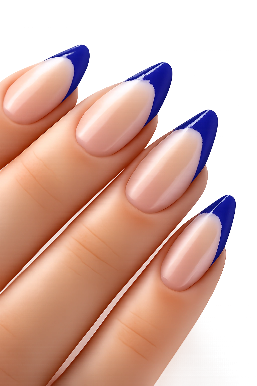 Almond nails with cobalt blue tips on a clear base.