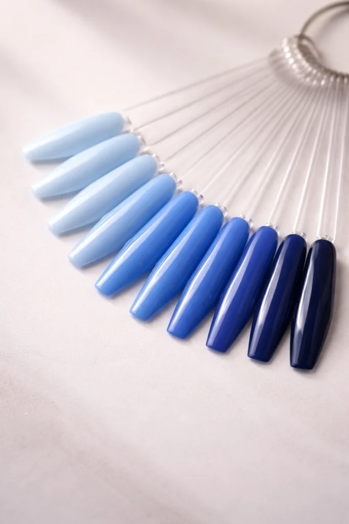 12 Blue French Tip Coffin Nails With a Twist