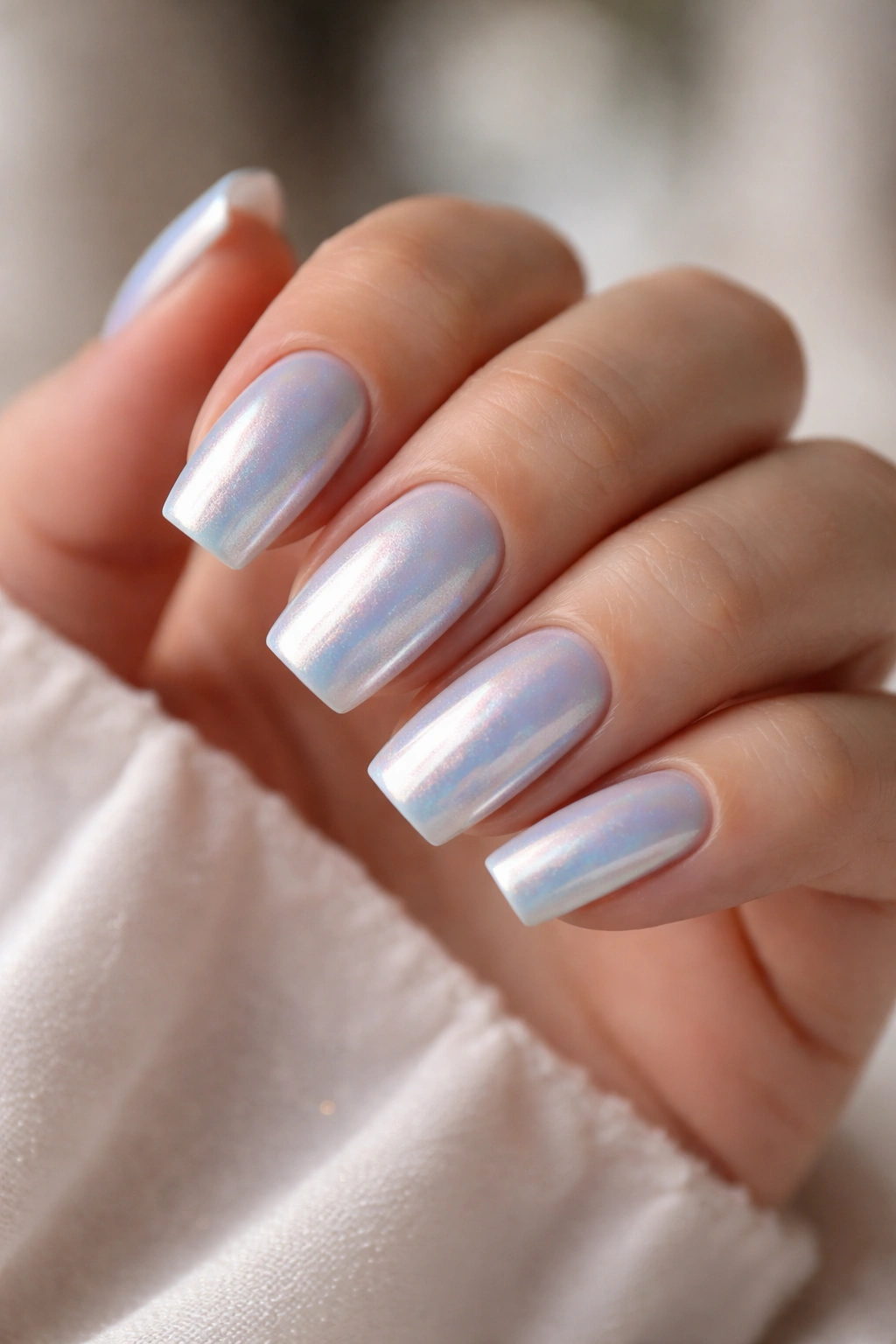 Close-up of short coffin nails with blue pearl glaze showing icy, silvery sheen.