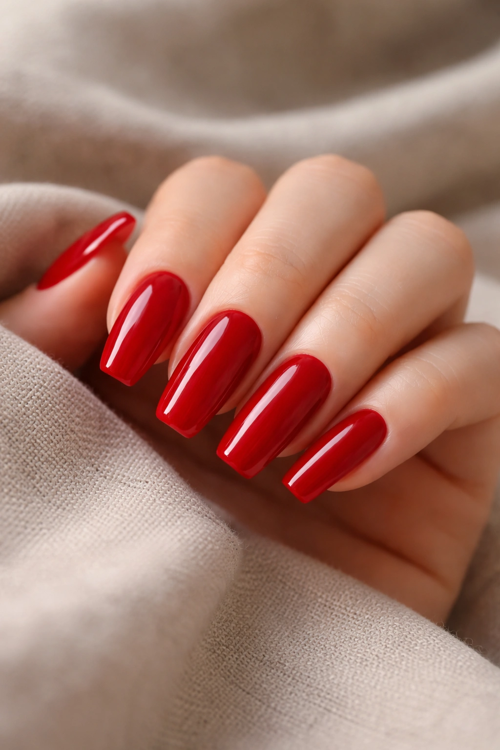 Close-up of blue-red coffin nails with a cream finish on medium-length fingertips