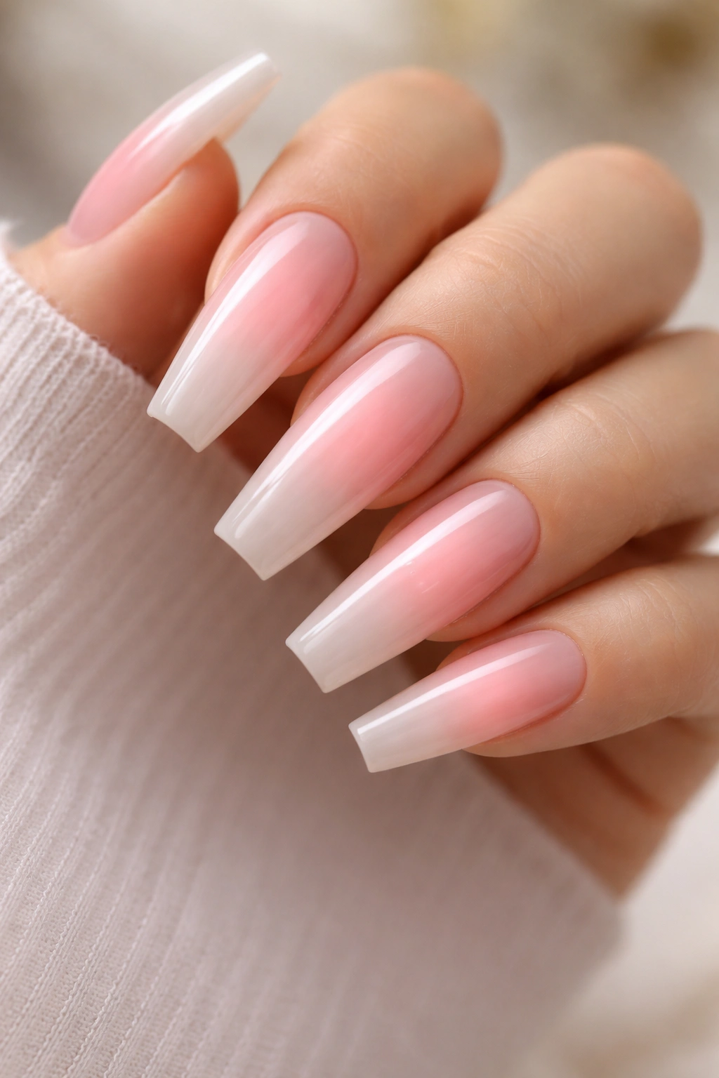 Blush aura coffin nails with soft pink center glow on long coffin nails