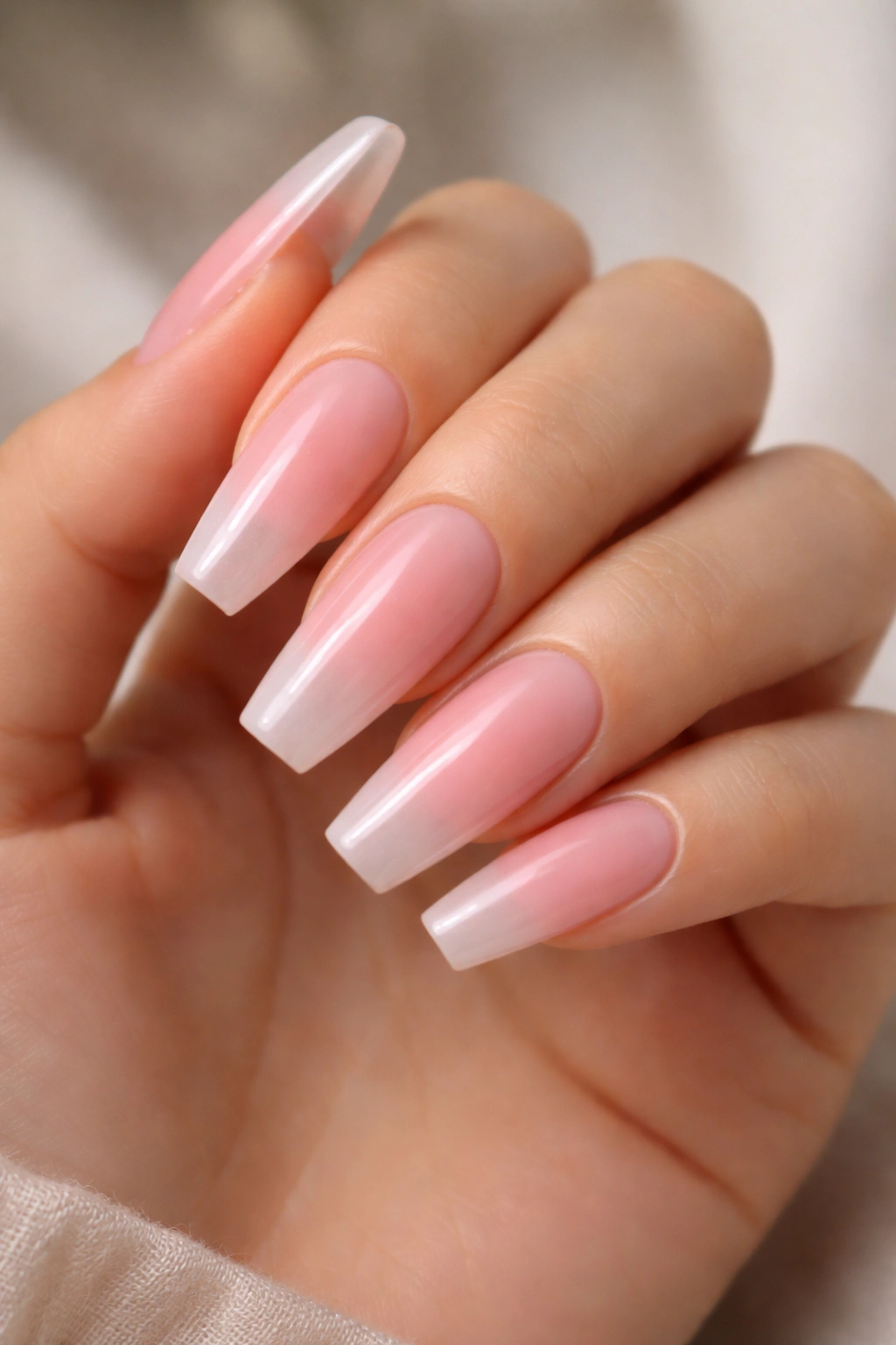 Close-up of blush aura bubble bath coffin nails with a soft central rosy halo