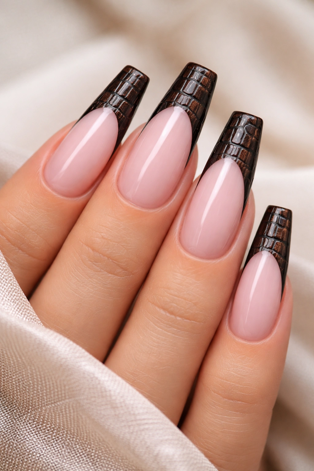 Coffin nails with blush base and dark chocolate croc-print tips.