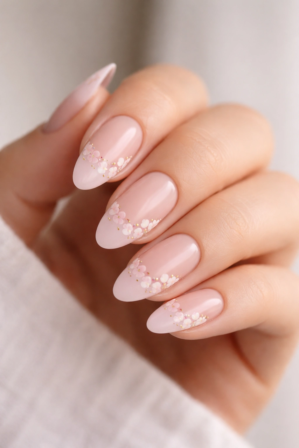 Almond nails with blush French tips and petal accents along the smile line