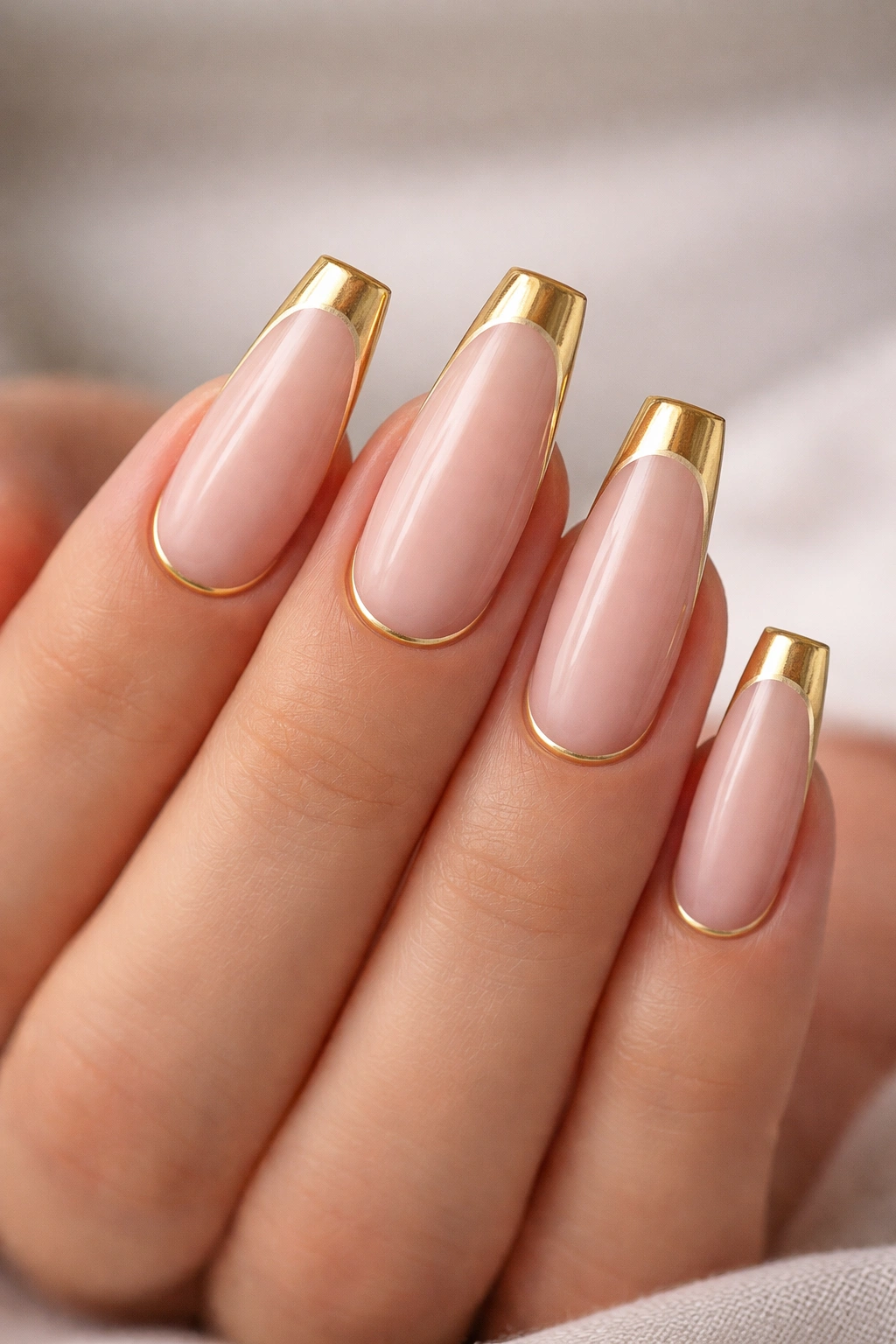 Close-up of blush coffin nails with gold tips and a subtle cuticle echo line