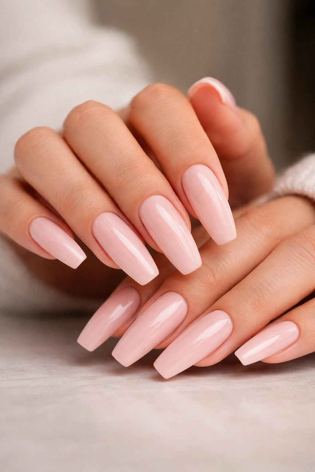 Blush nude pink coffin nails with glossy finish on a hand.