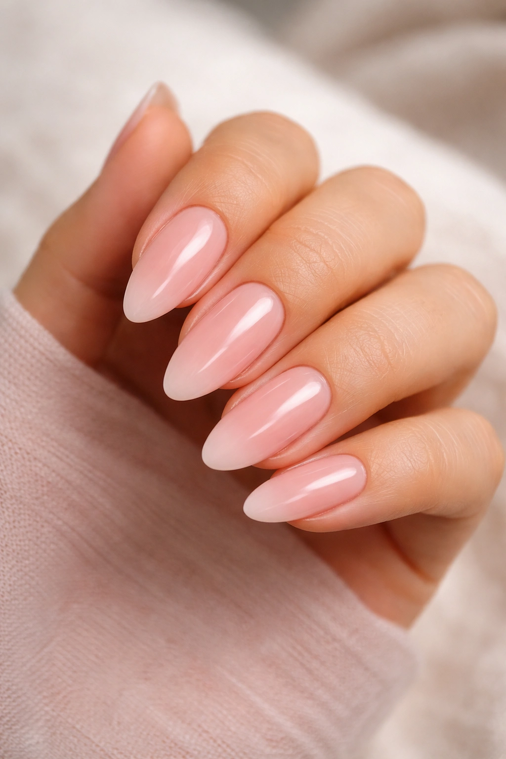Almond nails with nude-to-pink blush ombré