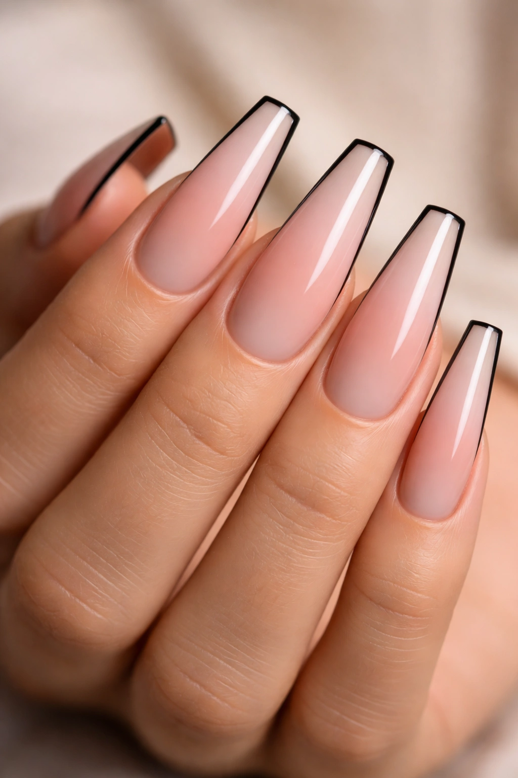 Close-up of coffin nails with soft blush ombre and black outline
