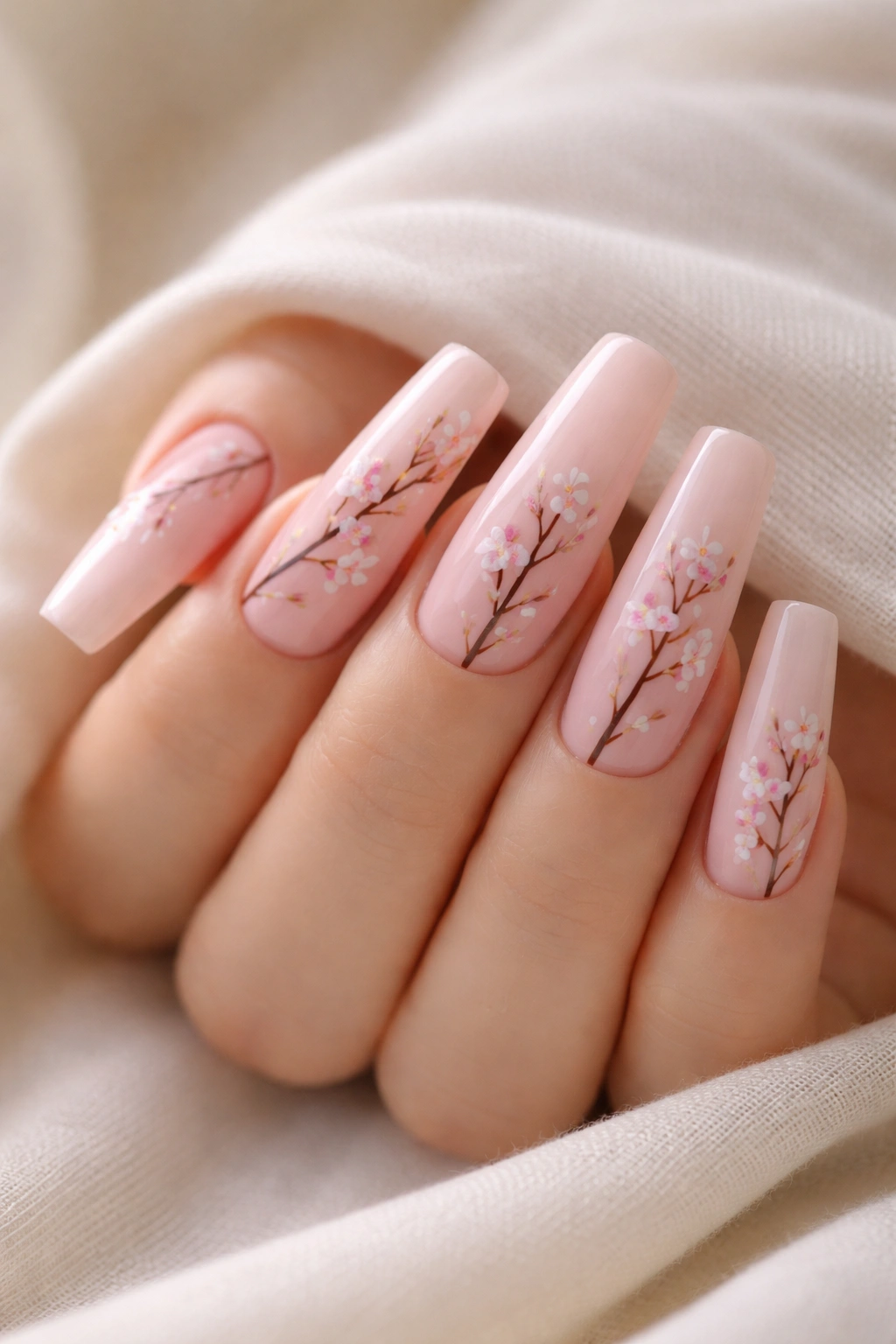 Close-up of blush pink coffin nails with delicate cherry blossom branches.