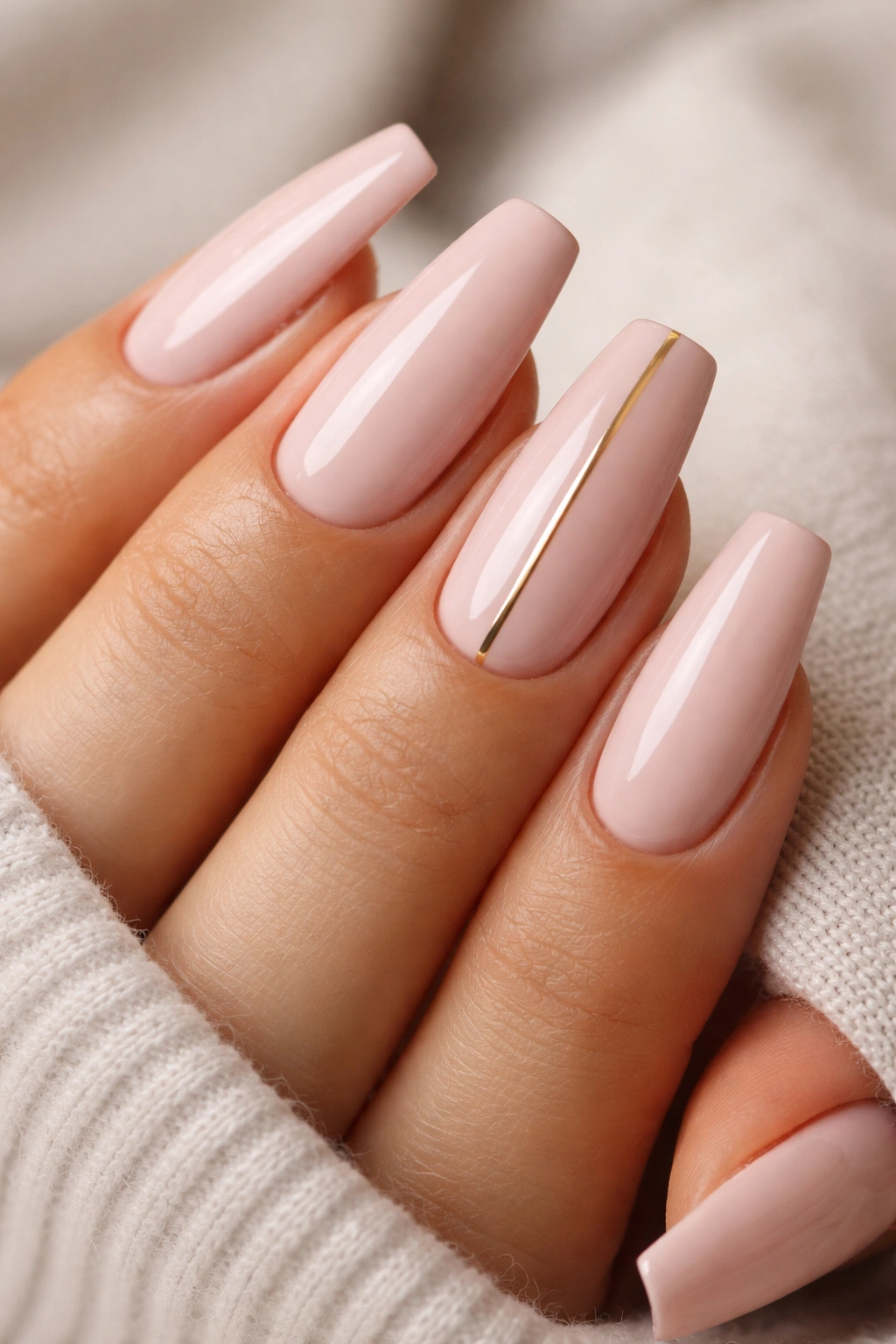 Close-up of blush pink coffin nails with a single gold stripe