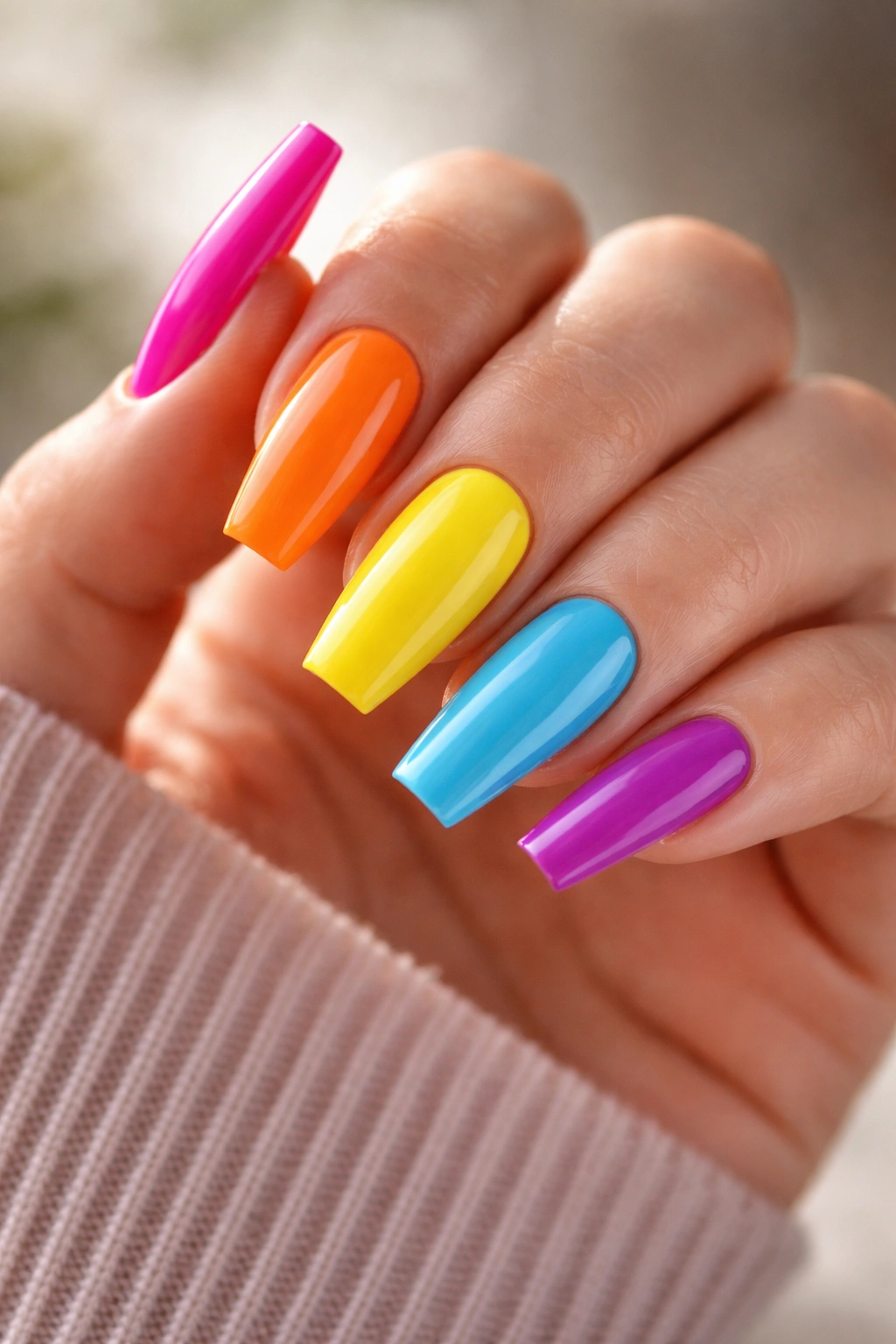 Close-up of bold ballerina manicure with bright colors and crisp edges