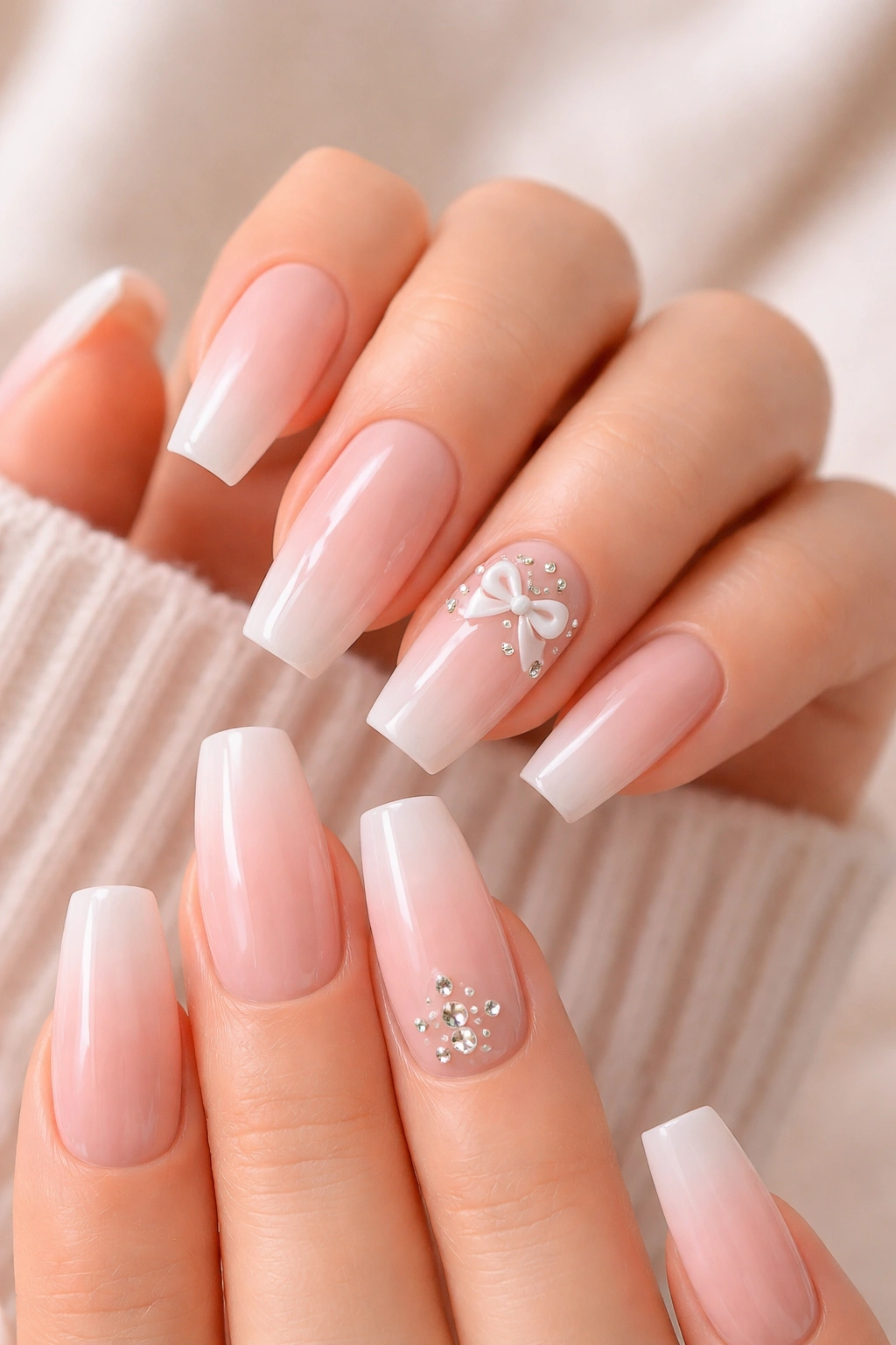 Close-up of tiny bow and crystals on coffin nails with sheer pink base