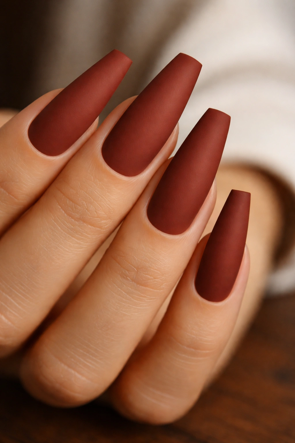 Close-up of long matte brick red coffin nails with warm undertone